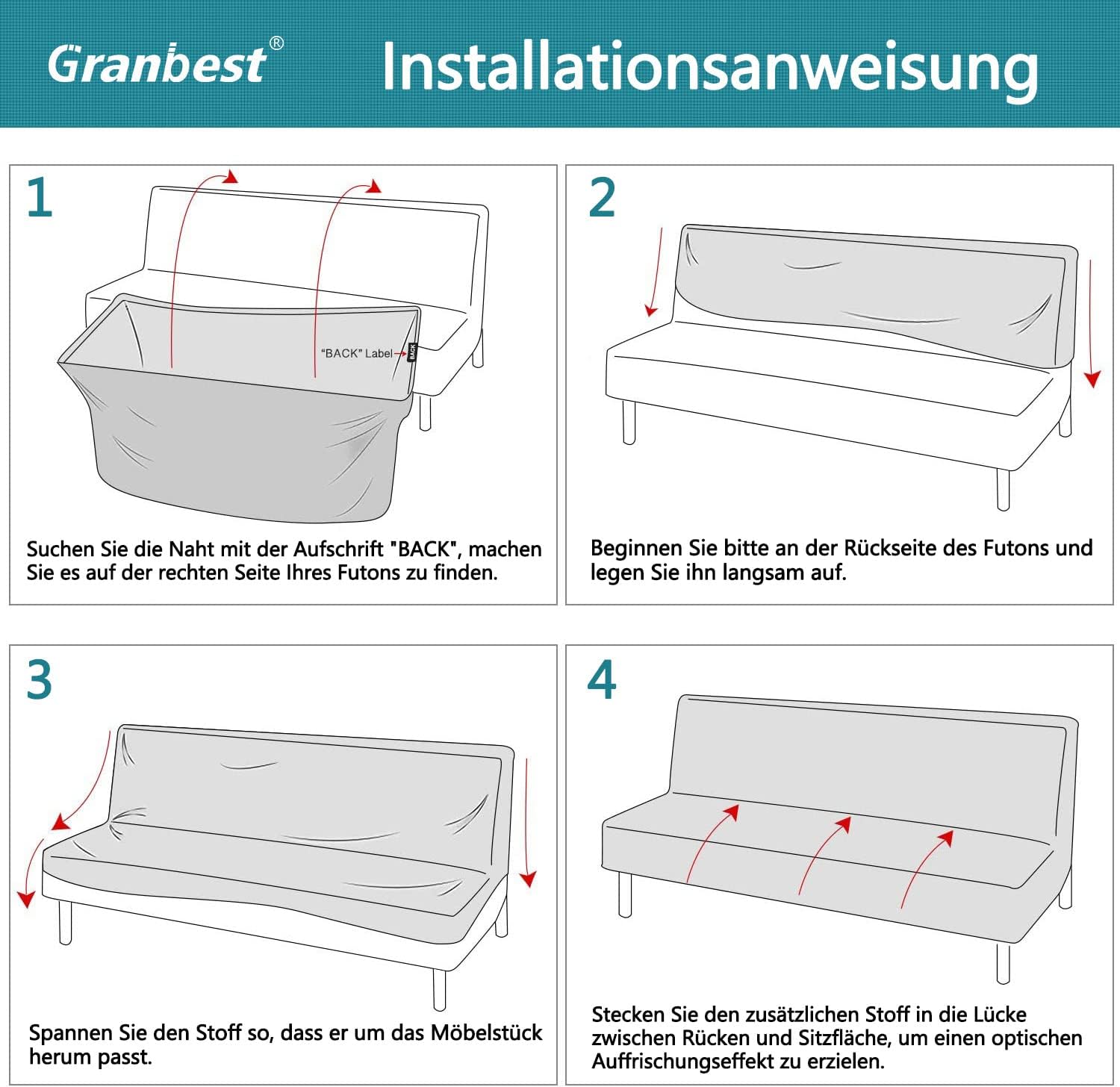 Granbest - housse futon extensible imperméable, antidérapante, rouge vin - pour canapé-lit sans accoudoirs