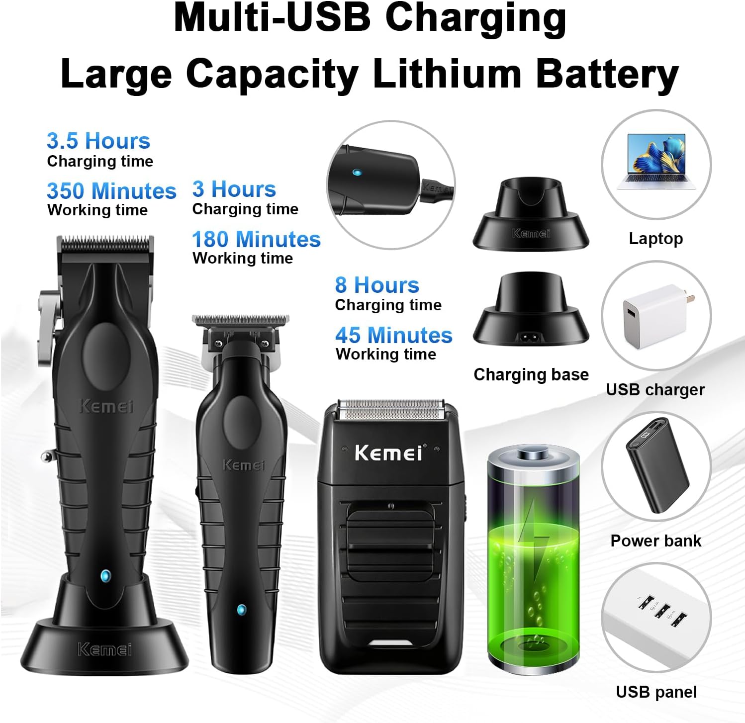 Kemei - tondeuse pro sans fil - aluminium, barbe/cheveux, kit complet