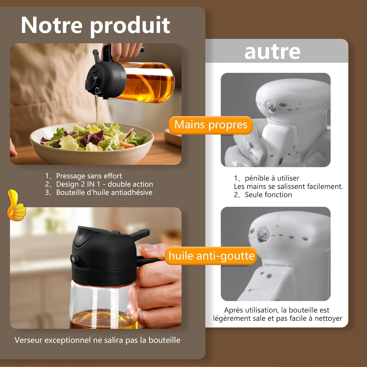 Flacon pulvérisateur d’huile - verre 470ml - 2 en 1 distributeur, cuisine, barbecue, air fryer
