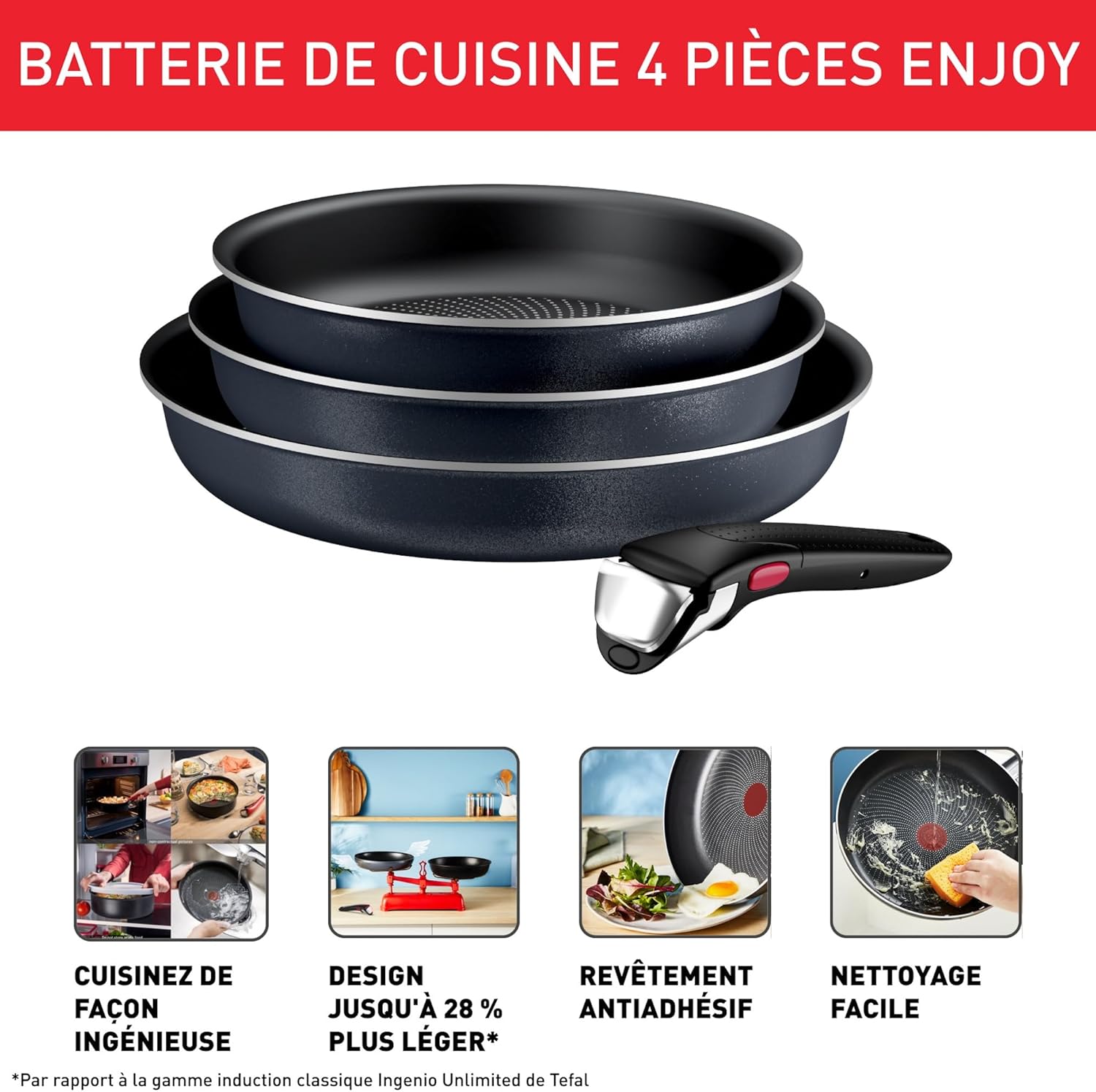 Tefal - Ingenio Enjoy batterie cuisine 4 pièces, léger, poignée amovible, L7239143