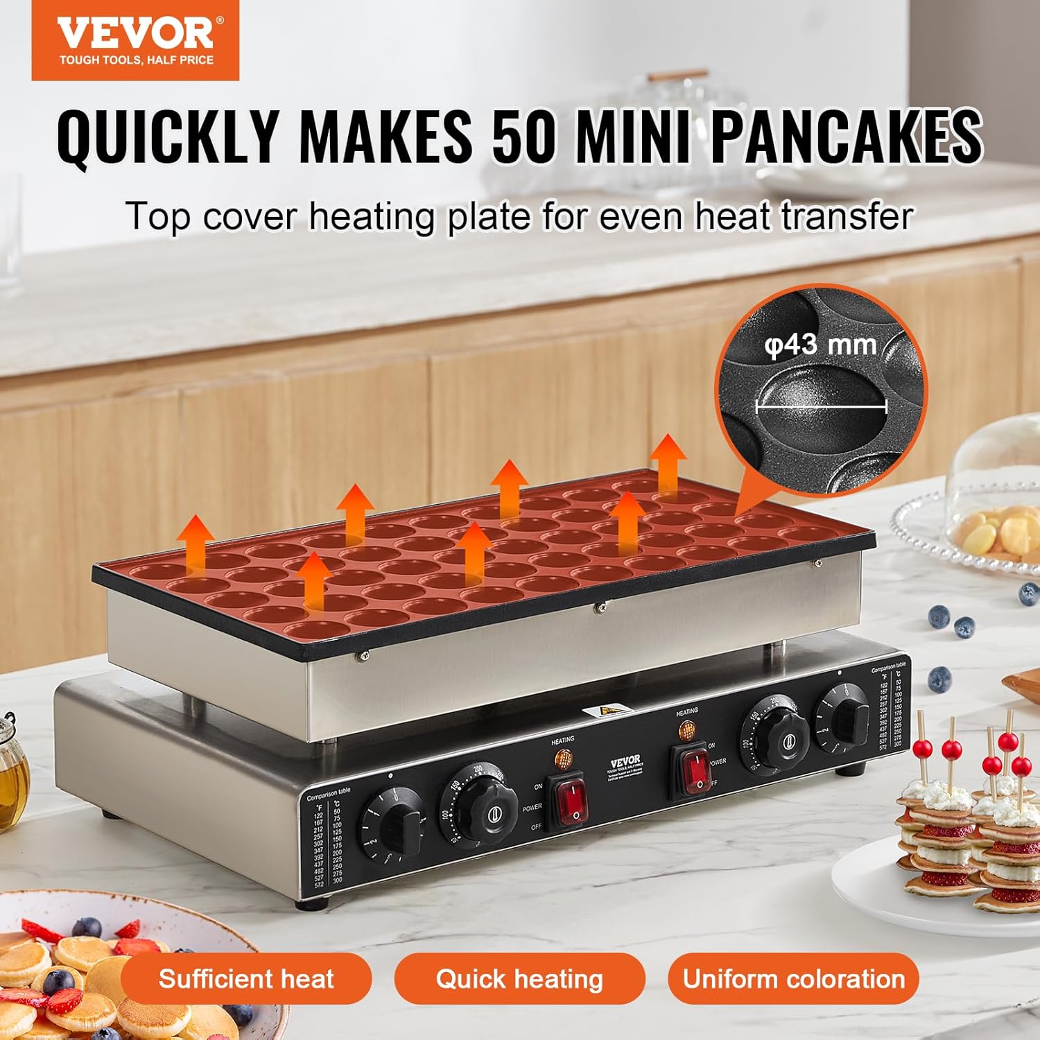 VEVOR – Appareil à Pancake, 43mm, 50 pièces, 1700W, inox, réglable