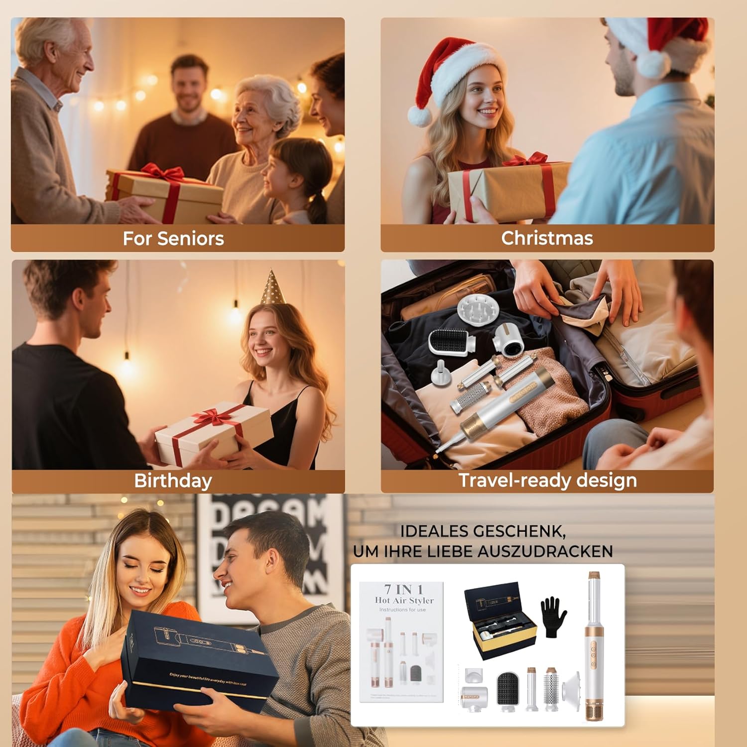 UKLISS - Sèche-cheveux 7 en 1, airbrush lissante, brushing, boucleur, accessoires styling