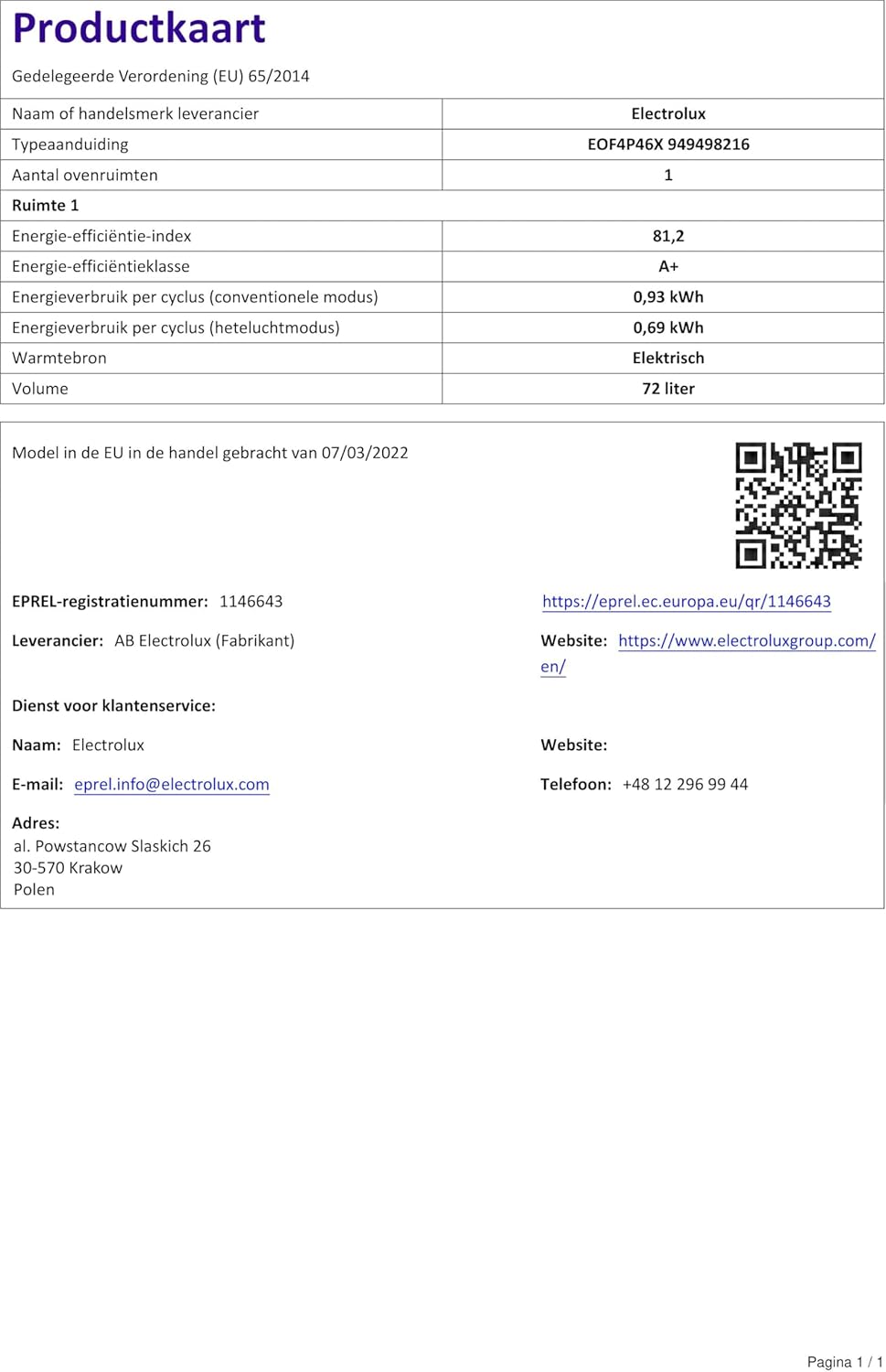 Electrolux - Four Série EOF - 72L, pyrolyse, classe A+ - EOF4P46X