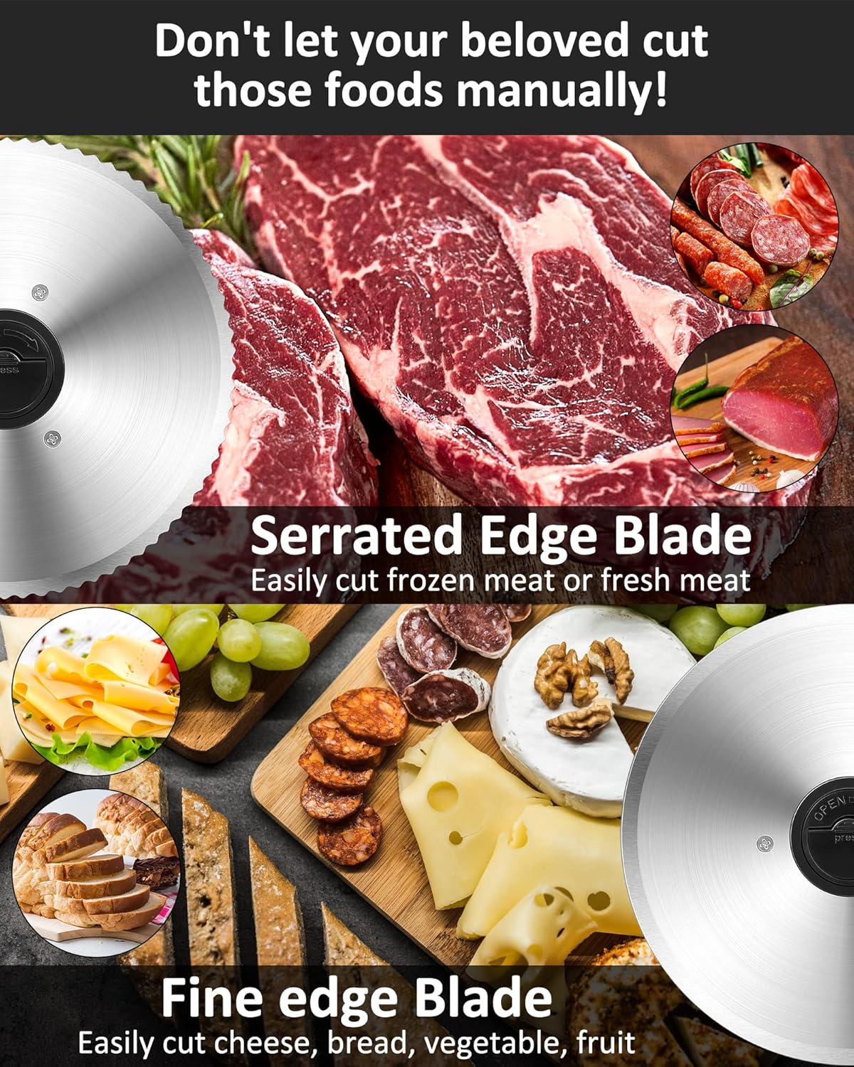 Trancheuse électrique - 200W inox, réglable 0-15mm, 2 lames, argent