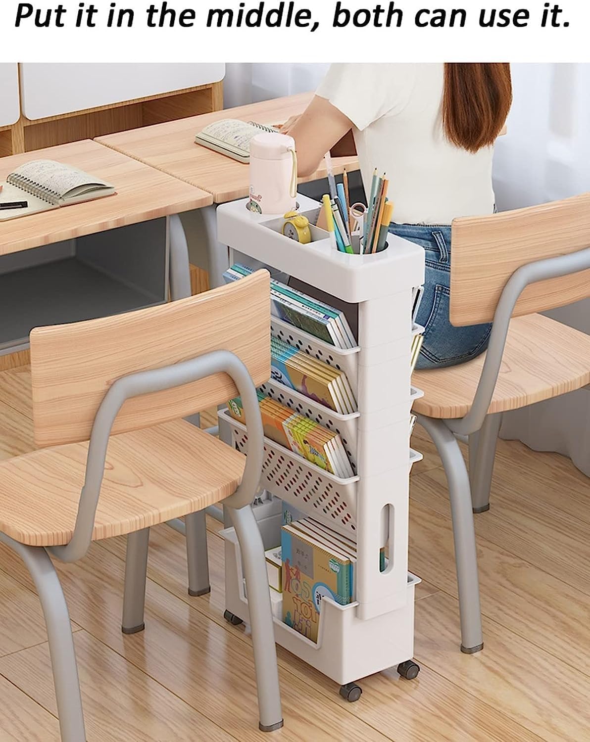 Étagère de bureau mobile - 5 niveaux - avec roulettes, rangement étroit, organisateur porte-revues, pour maison/cuisine/