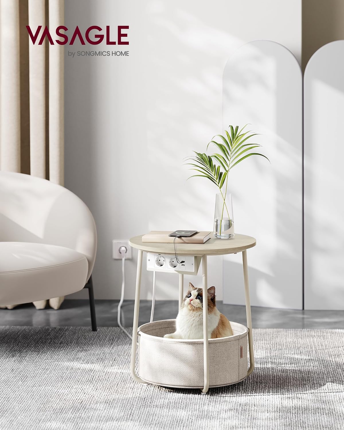 VASAGLE - Let228LL01 - table basse ronde, panier tissu, multiprise, design moderne, 50x45 cm