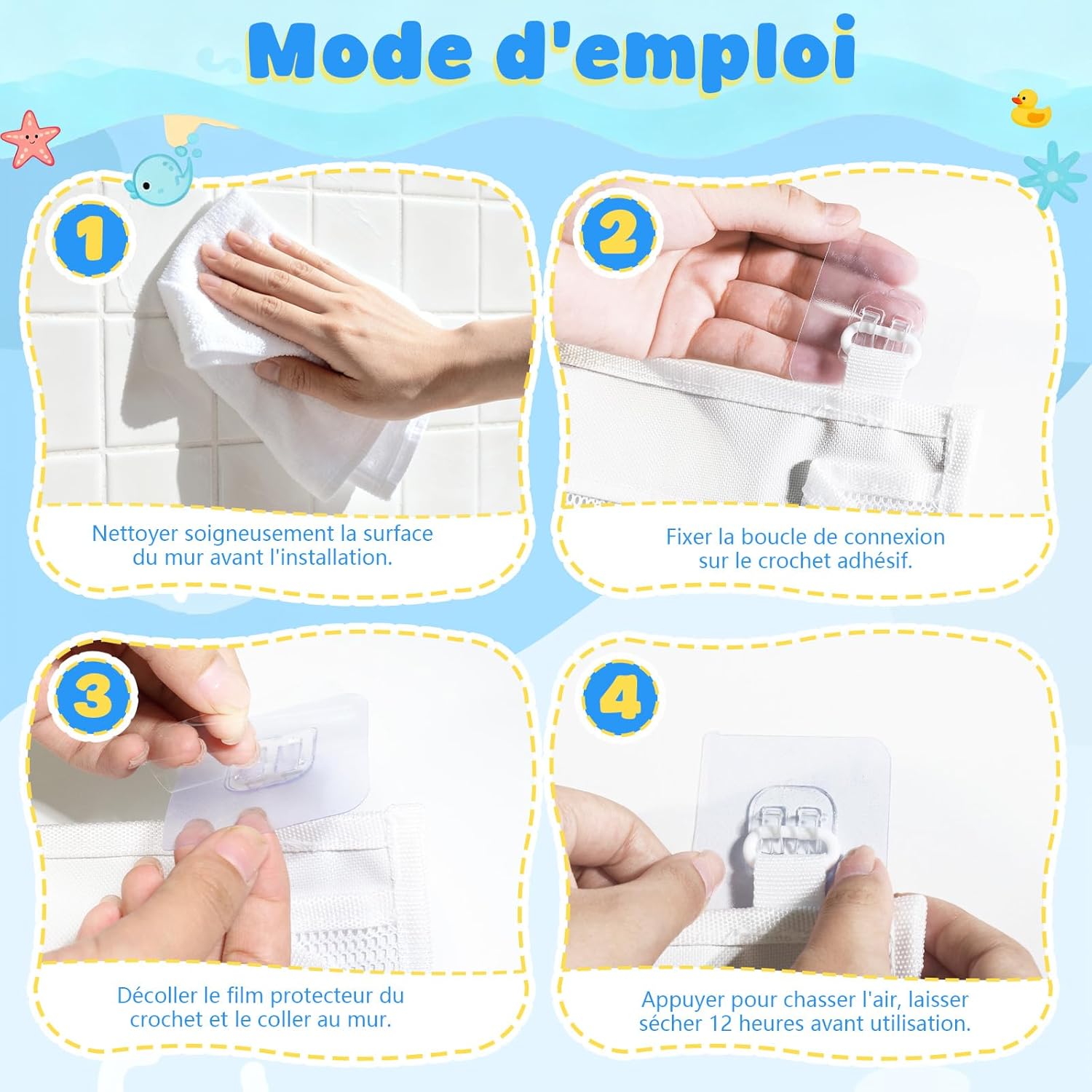 Rangement jouet bain - 4 compartiments filet suspendu - blanc, gain de place