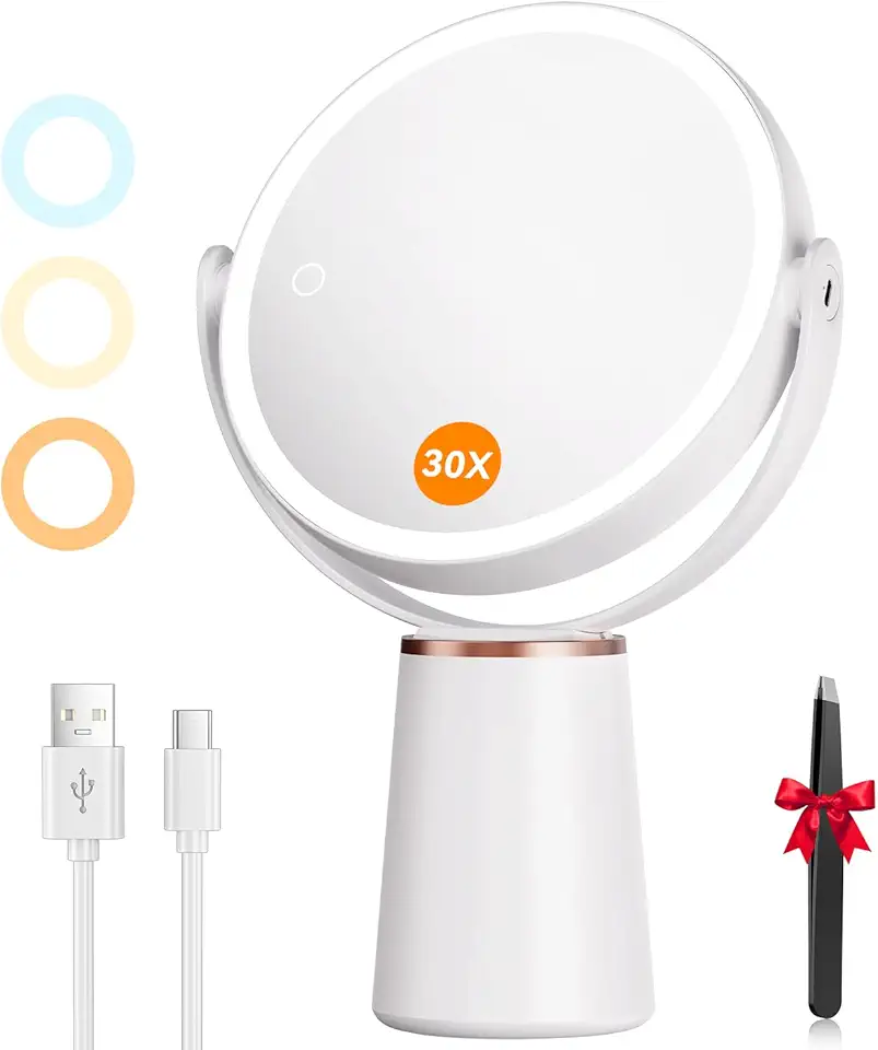 Auxmir - miroir grossissant double face - 64 LED, 3 couleurs, 2000mAh, rotation 360°