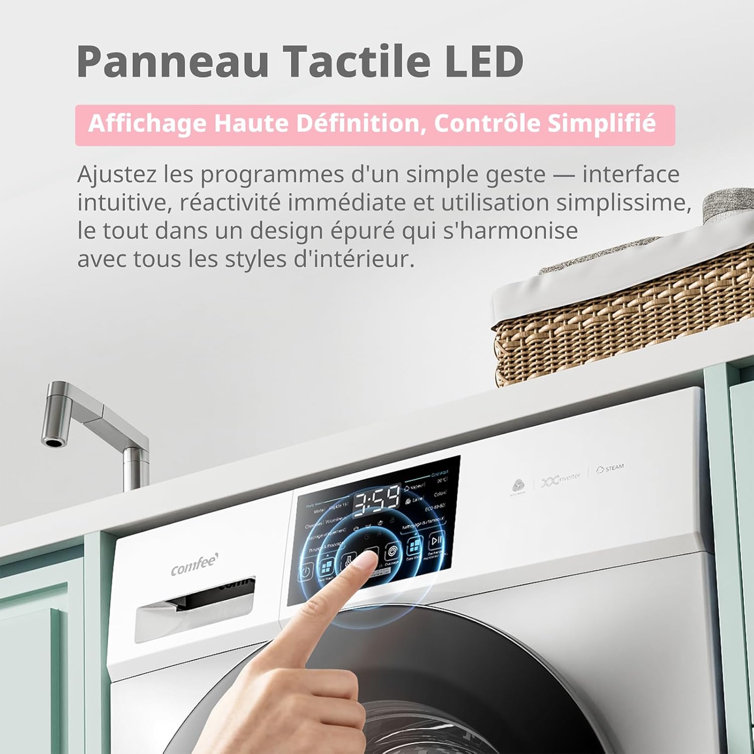 COMFEE' - lave-linge 10kg, vapeur, moteur BLDC, tactile, blanc, CFP03EW100W-FR
