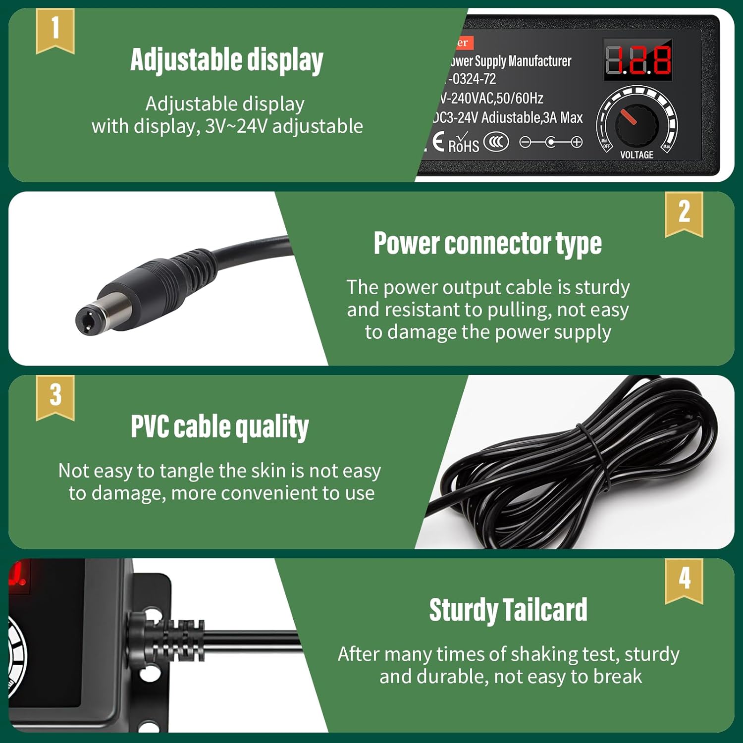 Alimentation universelle - 72W, 24V - 14 embouts, polarité inversée, 3000mA max