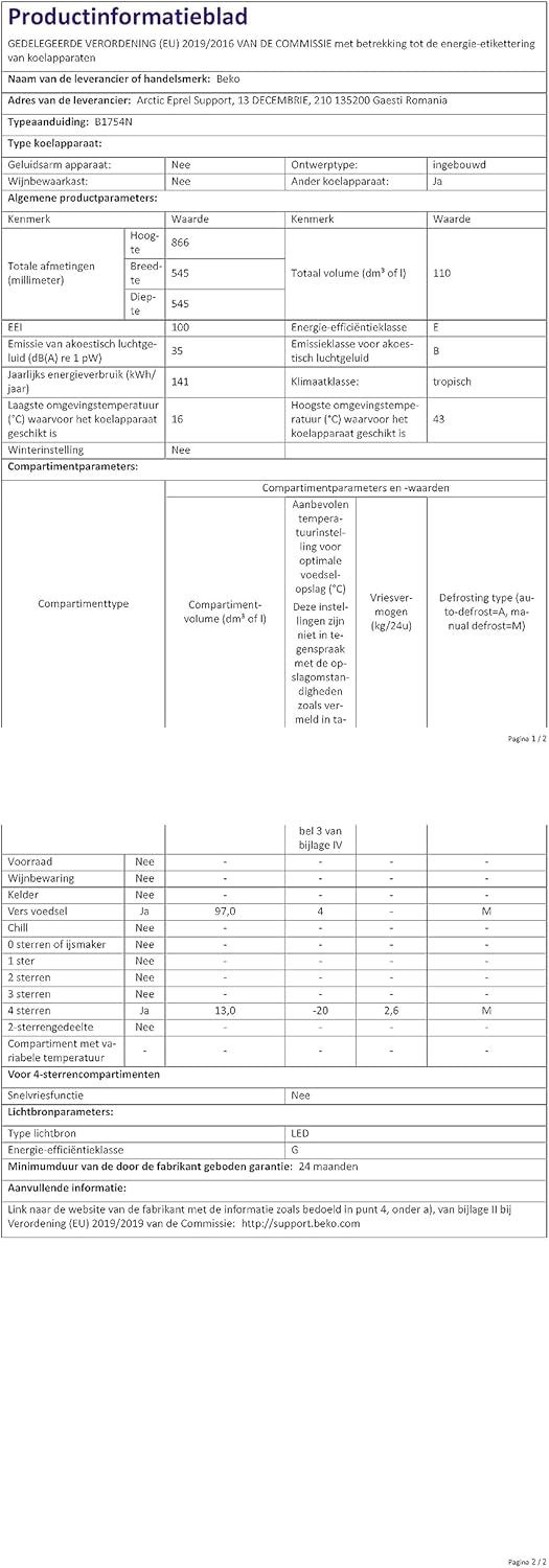 Beko - B1754N - 88 cm - intégrable, freezing 4*, silencieux, 35 dB