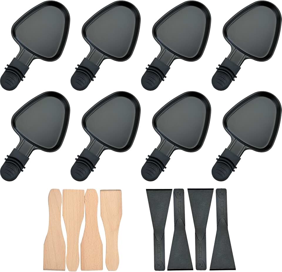 Poêlon à raclette triangulaire - 8 pièces, antiadhésif, avec spatules, coupelles, idéal fromage fondu, noir