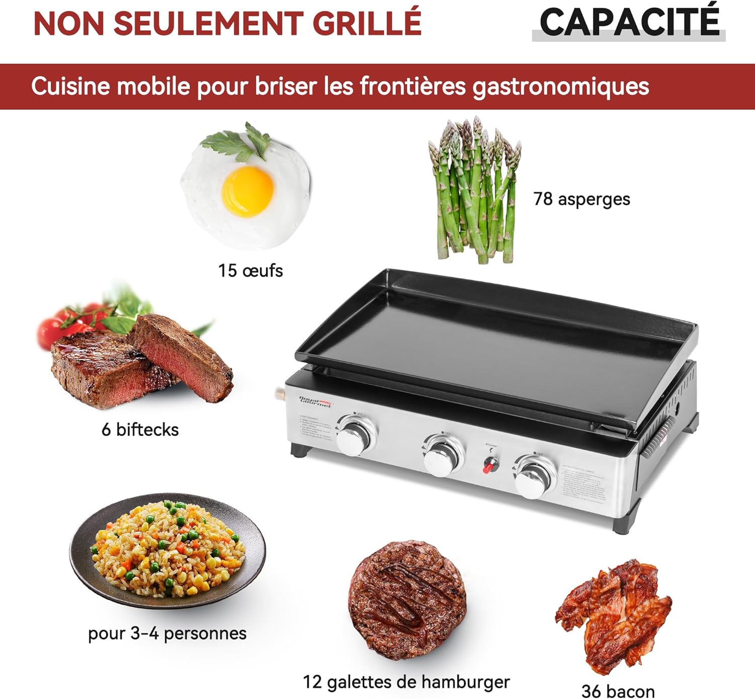 Royal Gourmet - Plancha gaz 3 brûleurs - 62x35,5 cm - 7,5kW, portable