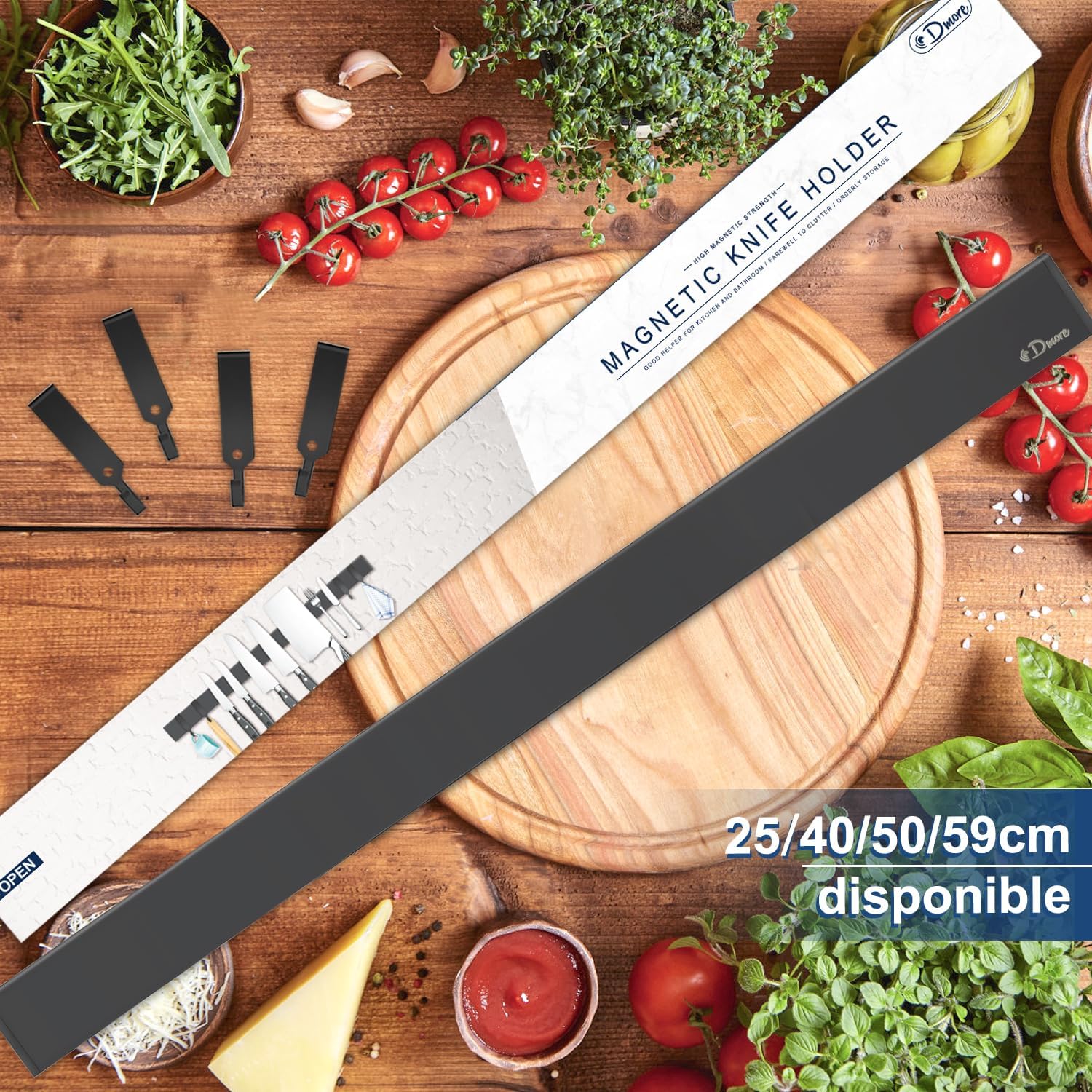 Dmore - Barre Magnétique 50 cm - 4 crochets, fixation sans perçage