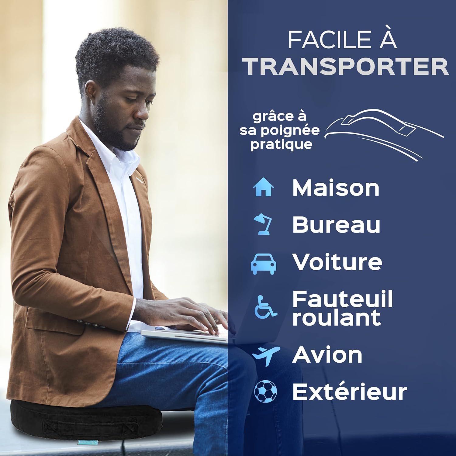 Coussin ergonomique assise mémoire de forme, large, bleu, soutien lombaire