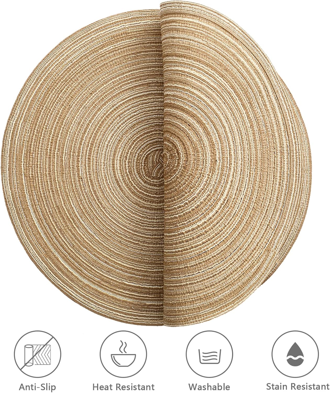 Sets de table ronds - PP tressé, 36cm - lot de 6, lavables, couleur café