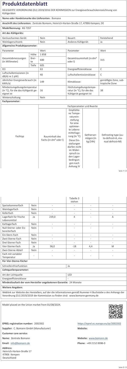 Bomann - réfrigérateur congélateur inox - 315L - contrôle température, LED, 4 clayettes, pieds réglables - KG7357-Inox