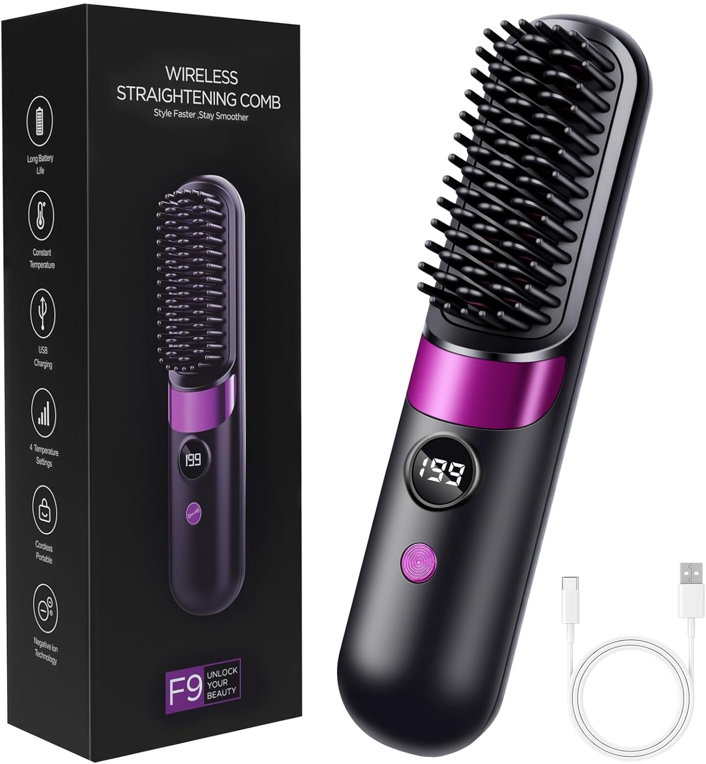 LOPHE - Brosse lissante sans fil - écran LED, 4 températures, 3600mAh