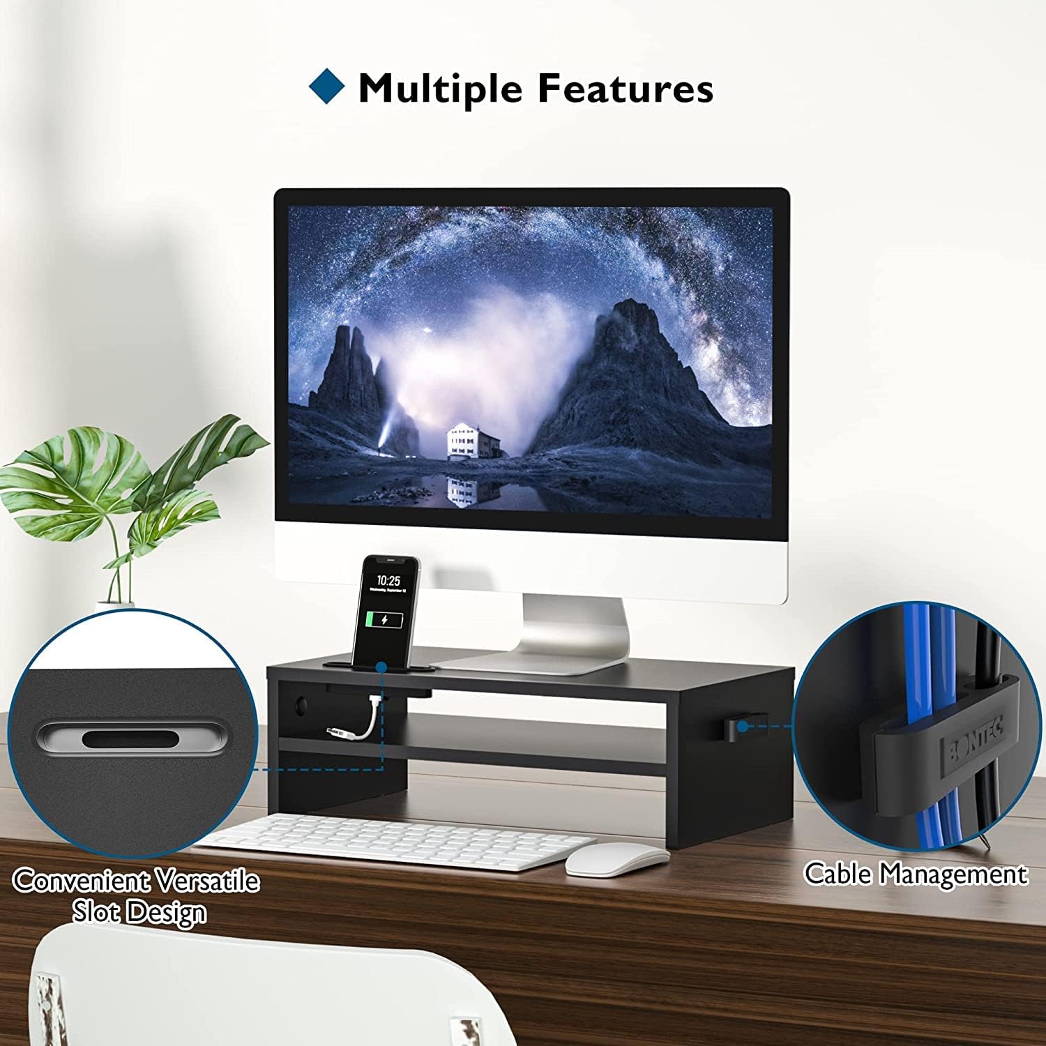 BONTEC - réhausseur écran bois noir - 420mm - 2 niveaux, support PC