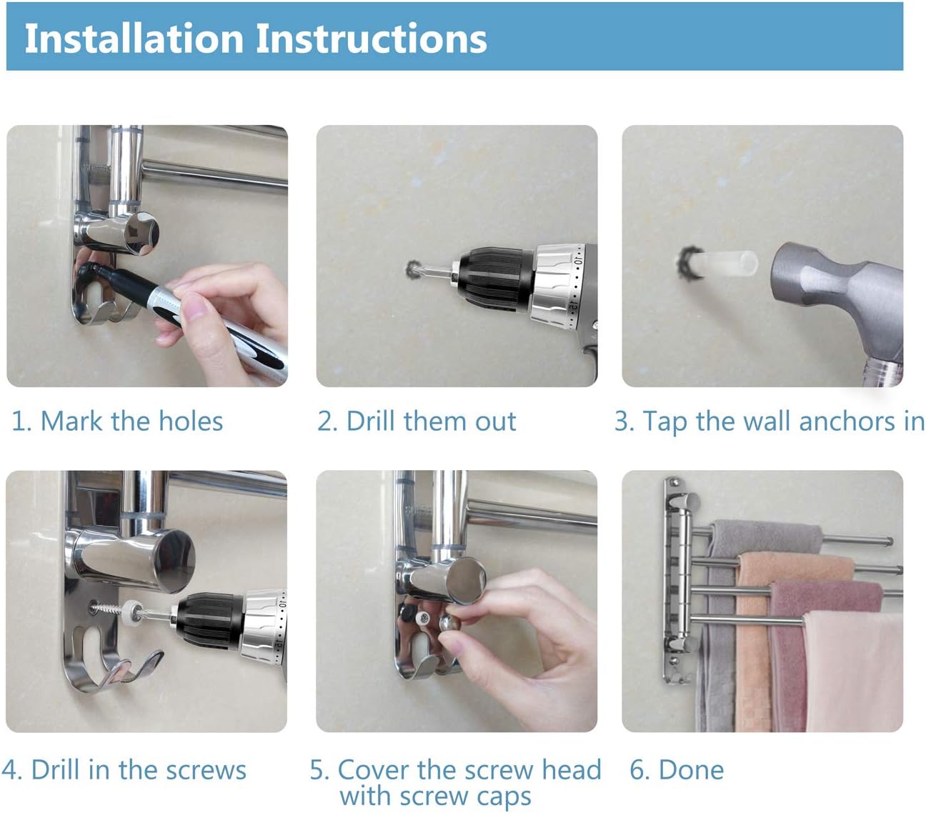 JSVER - porte-serviettes rotatif 4 barres inox 180° - montage mural salle de bain - SUS304