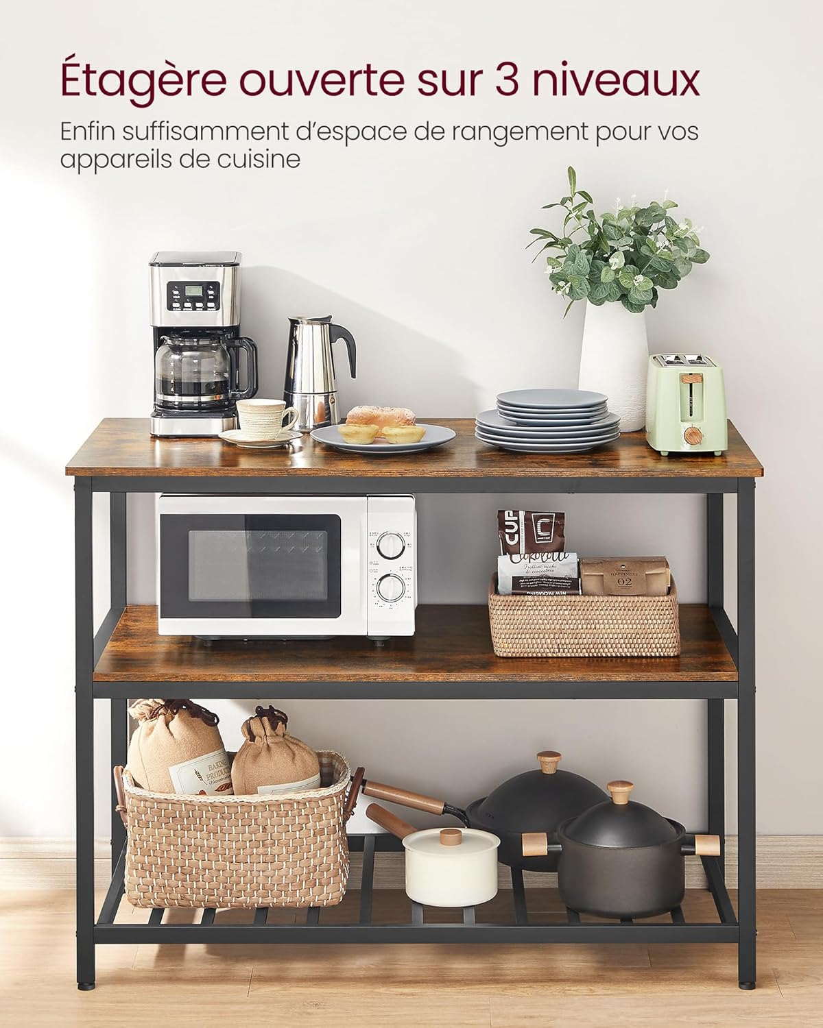 VASAGLE - îlot de cuisine industriel, 120x60x90 cm, acier stable, plan de travail spacieux