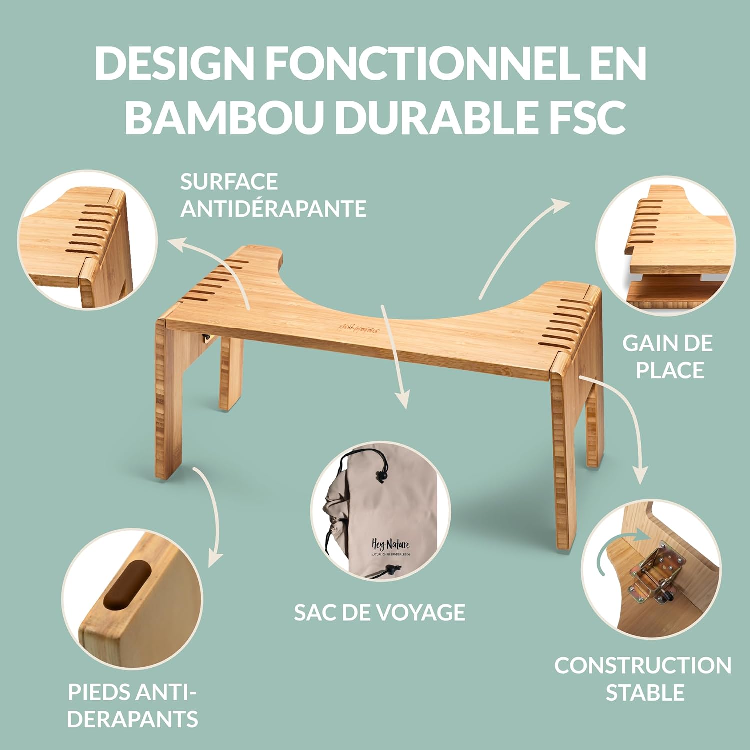 Hey Nature - HOCA Tabouret Pliant Bambou - Pied WC adulte, 35cm, Anti-hémorroïdes