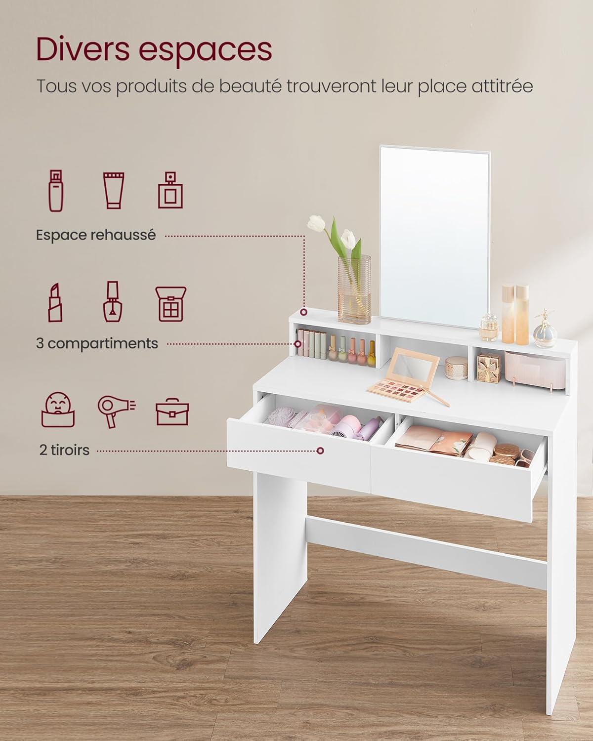 VASAGLE - Kailyn Collection - 40x80x140 cm - coiffeuse moderne, 2 tiroirs, miroir, blanc, RDT113W01