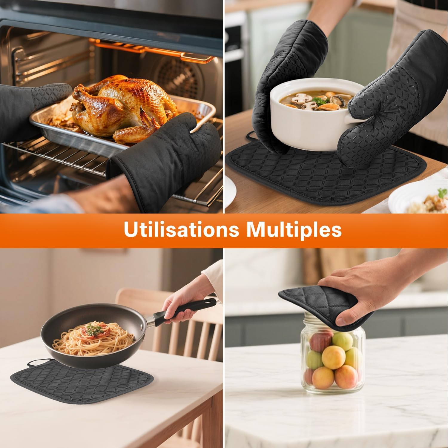 MILcea - Gants de Cuisine - 32cm - Silicone anti-chaleur, coton doux