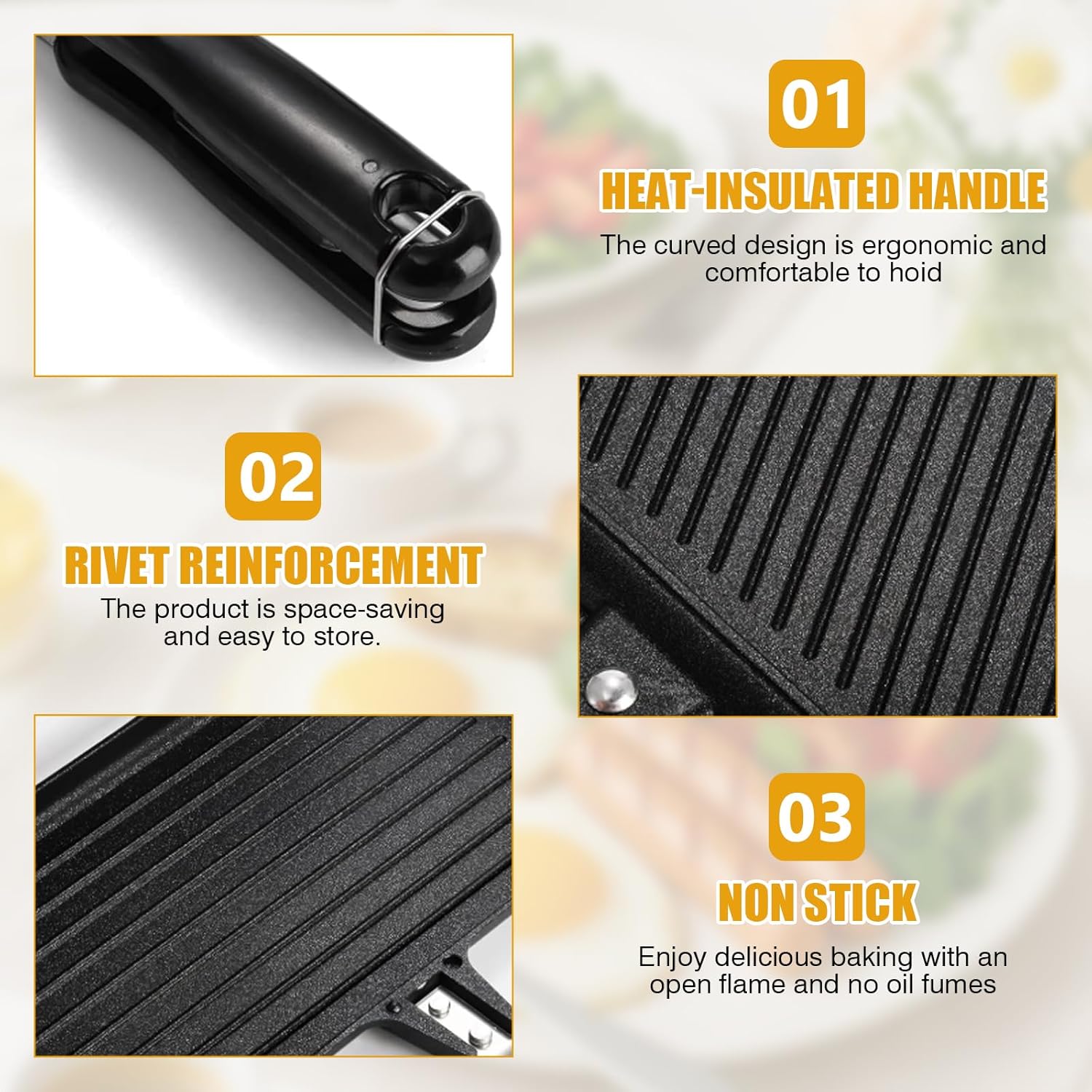 Appareil à croque-monsieur double face aluminium antiadhésif 22x15cm, parfait pour sandwichs, gaufres, toasts, cuisine c