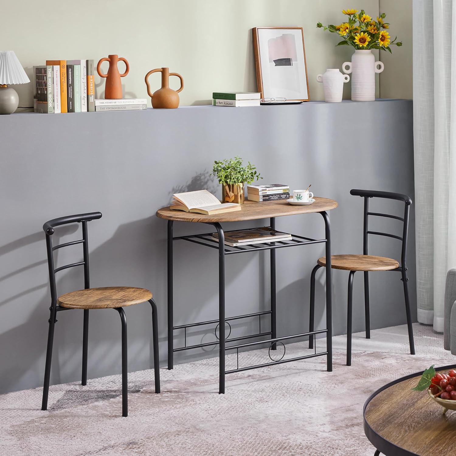 Yaheetech - Ensemble table ronde 3 pièces - 90x53x75,5 cm - bois MDF métal, porte-bouteilles