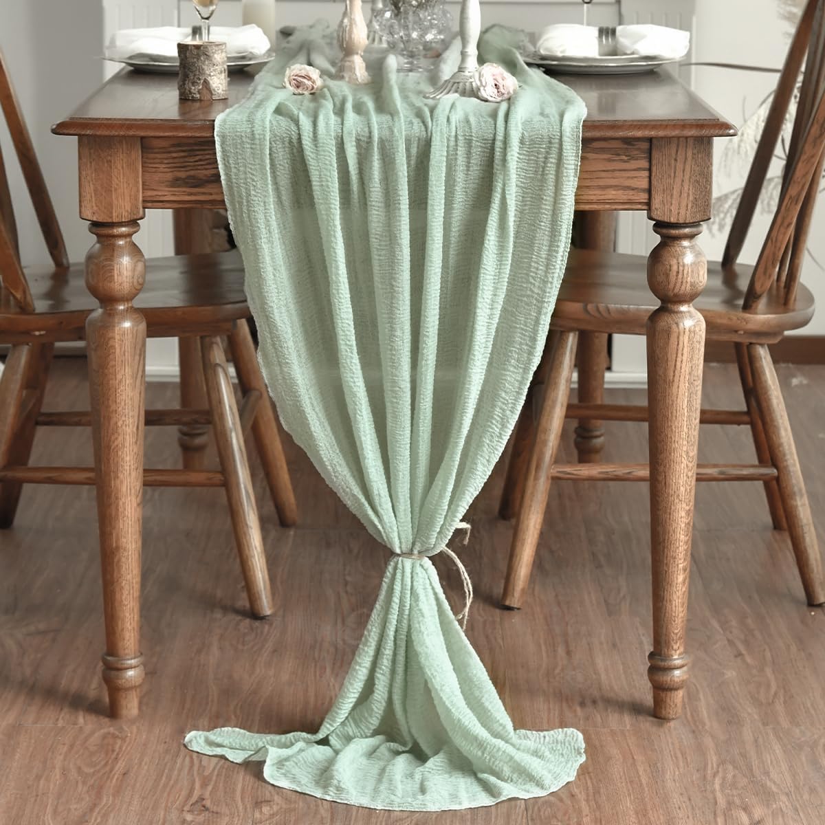 Artoid Mode - Chemin de table bohême - 300 cm - mousseline vert sauge