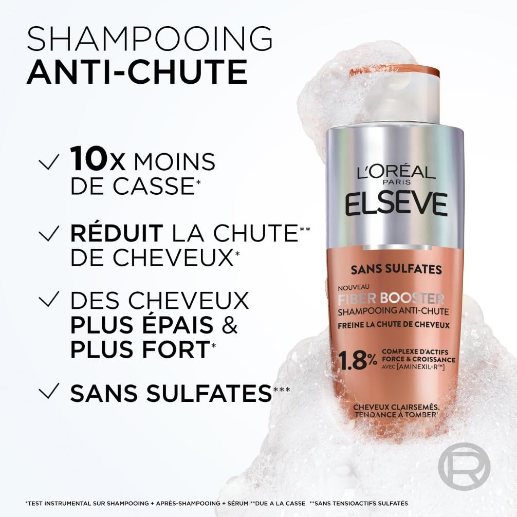 L'Oréal Paris - Elseve Fiber Booster - 2x200ml - Shampooing anti-chute sans sulfates, redensifiant, Aminexil-R