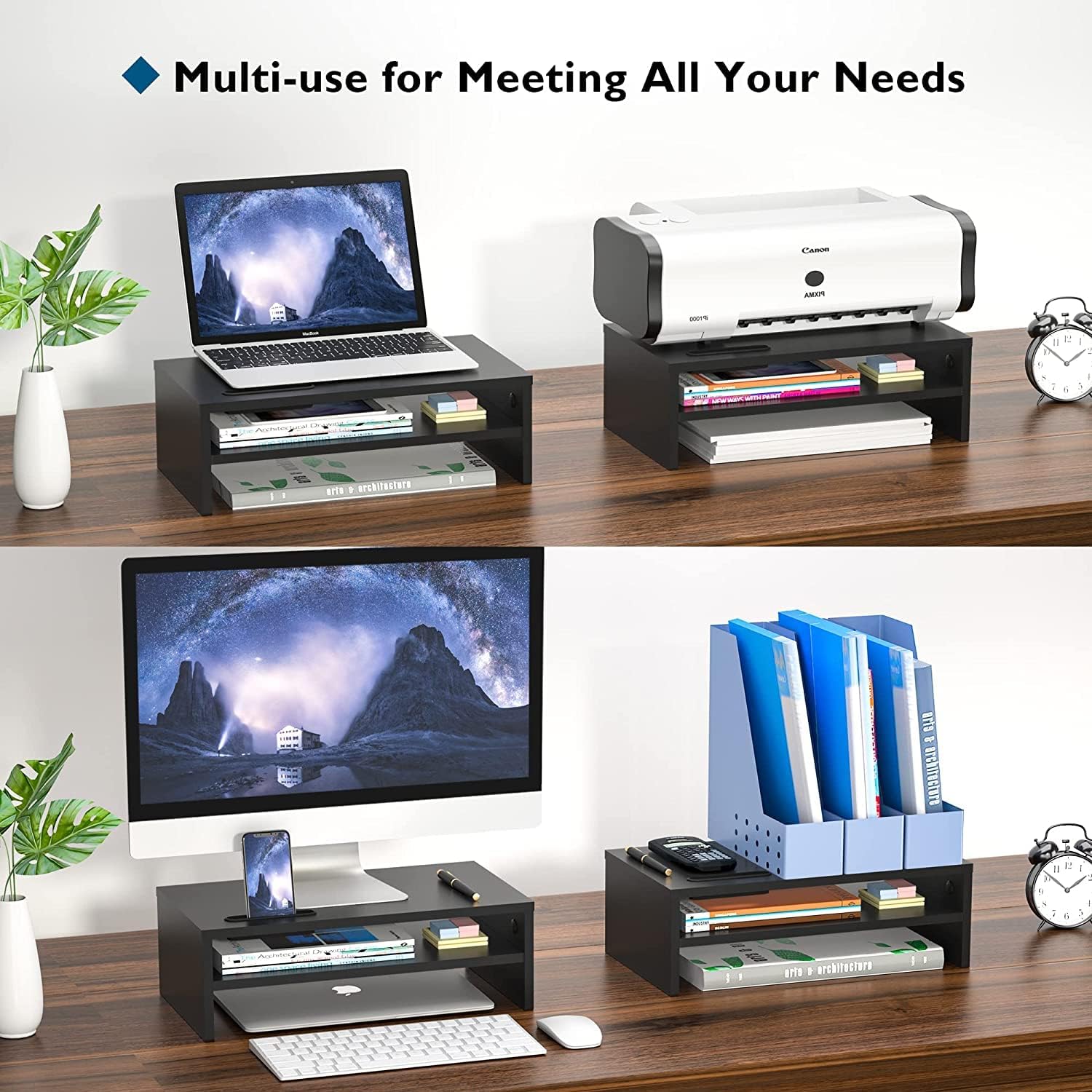 BONTEC - réhausseur écran bois noir - 420mm - 2 niveaux, support PC