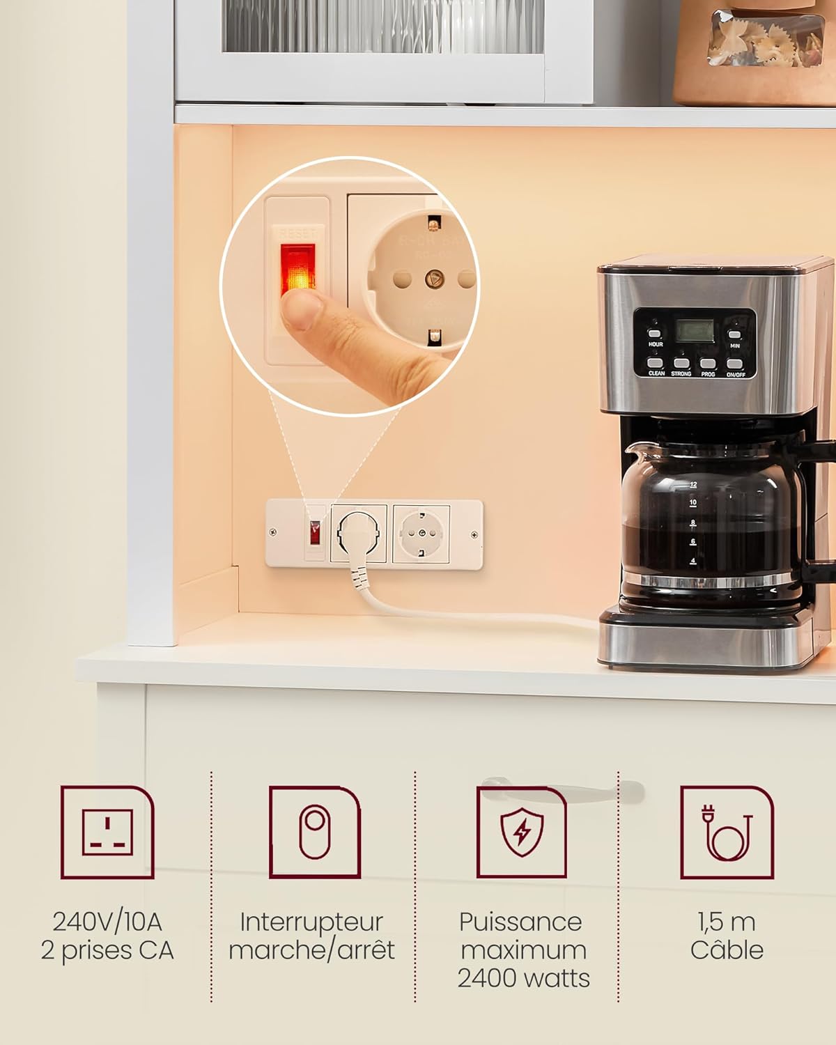 VASAGLE - meuble de rangement cuisine - 39,5x80,4x180,6cm - lumières, chargeur, portes, tiroirs, étagères réglables BBK3