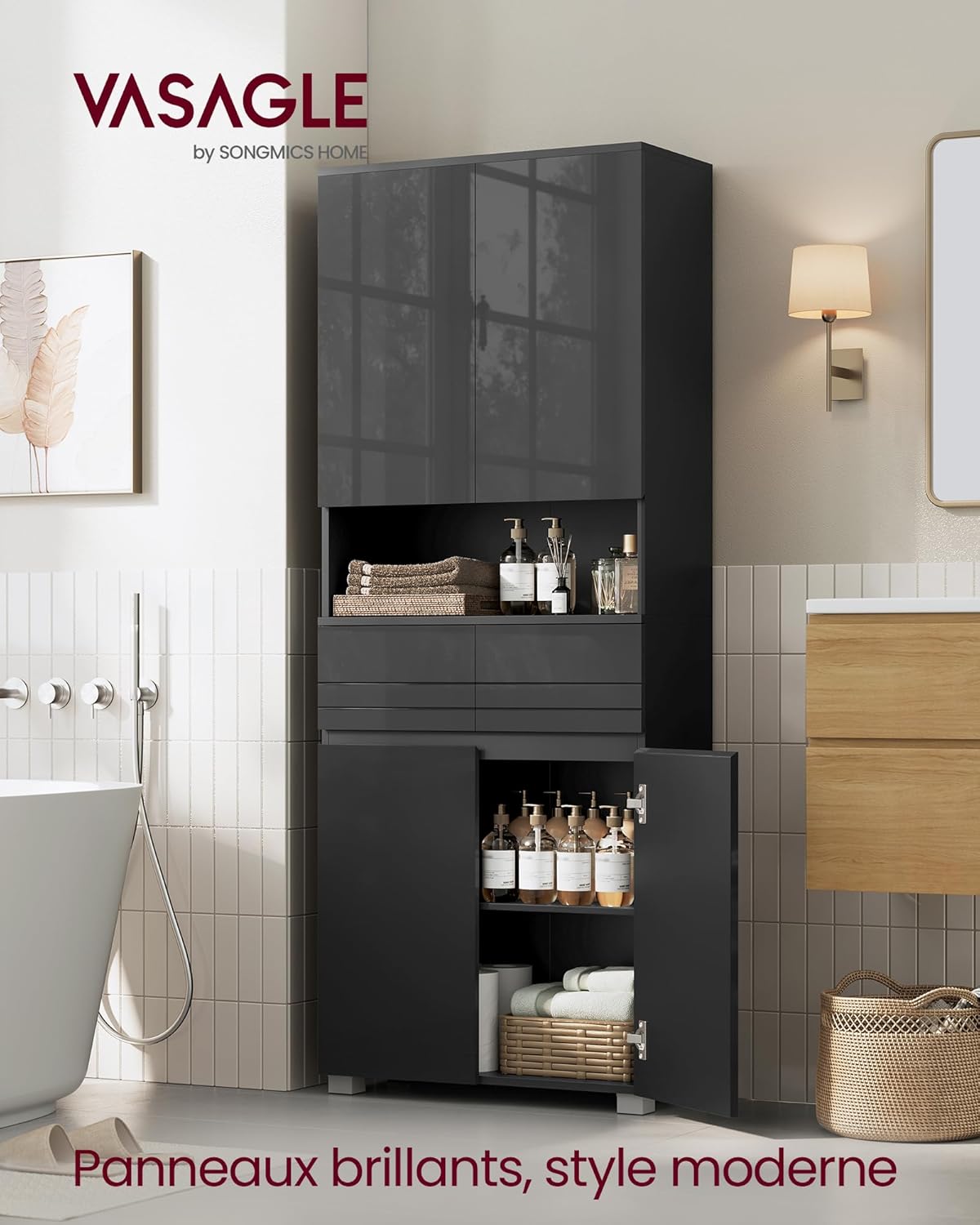 VASAGLE - colonne salle de bain, 30x60x170 cm, 2 tiroirs, étagères réglables, BBC563BH01