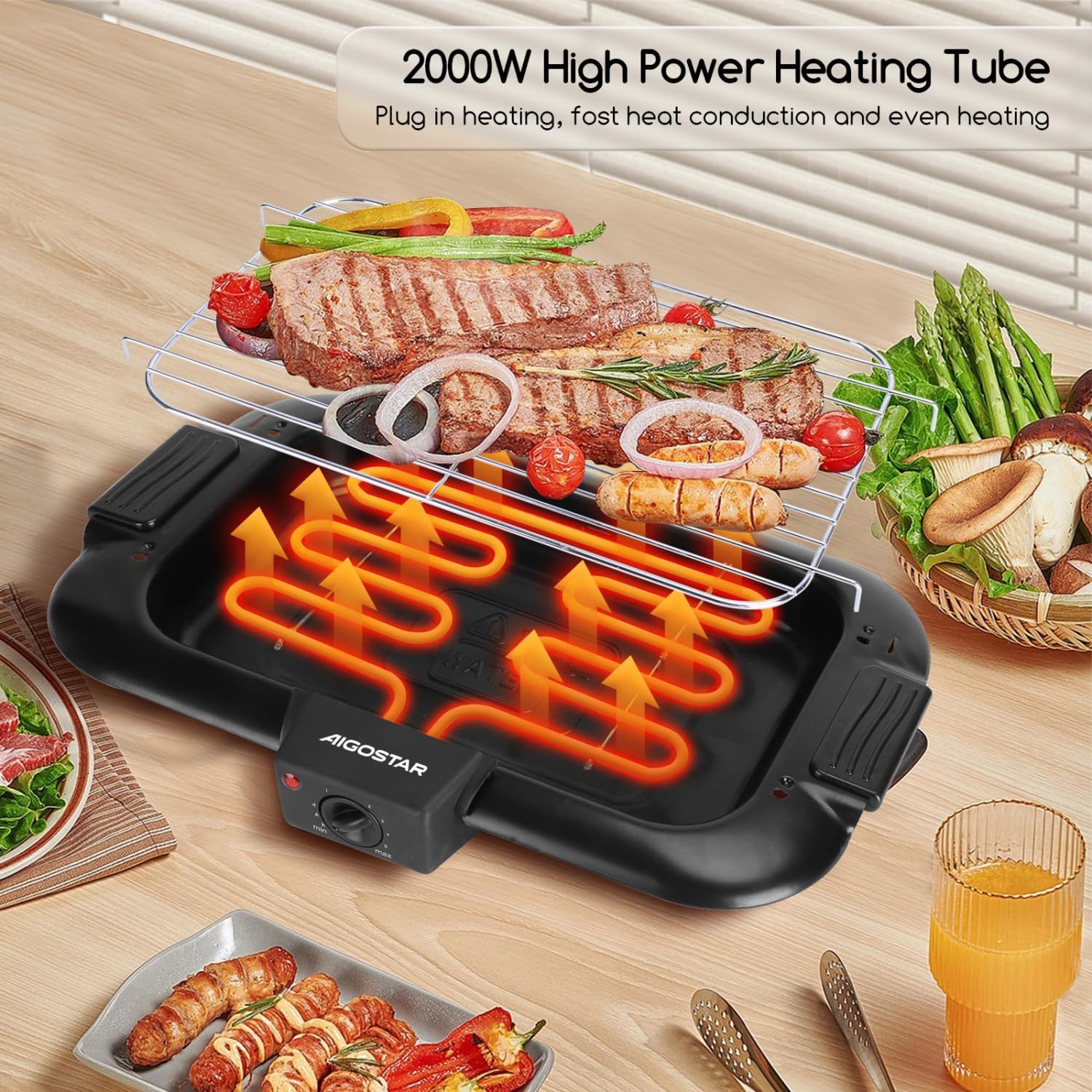 Aigostar - Tasty - 2000W - gril électrique compact sans fumée, démontable