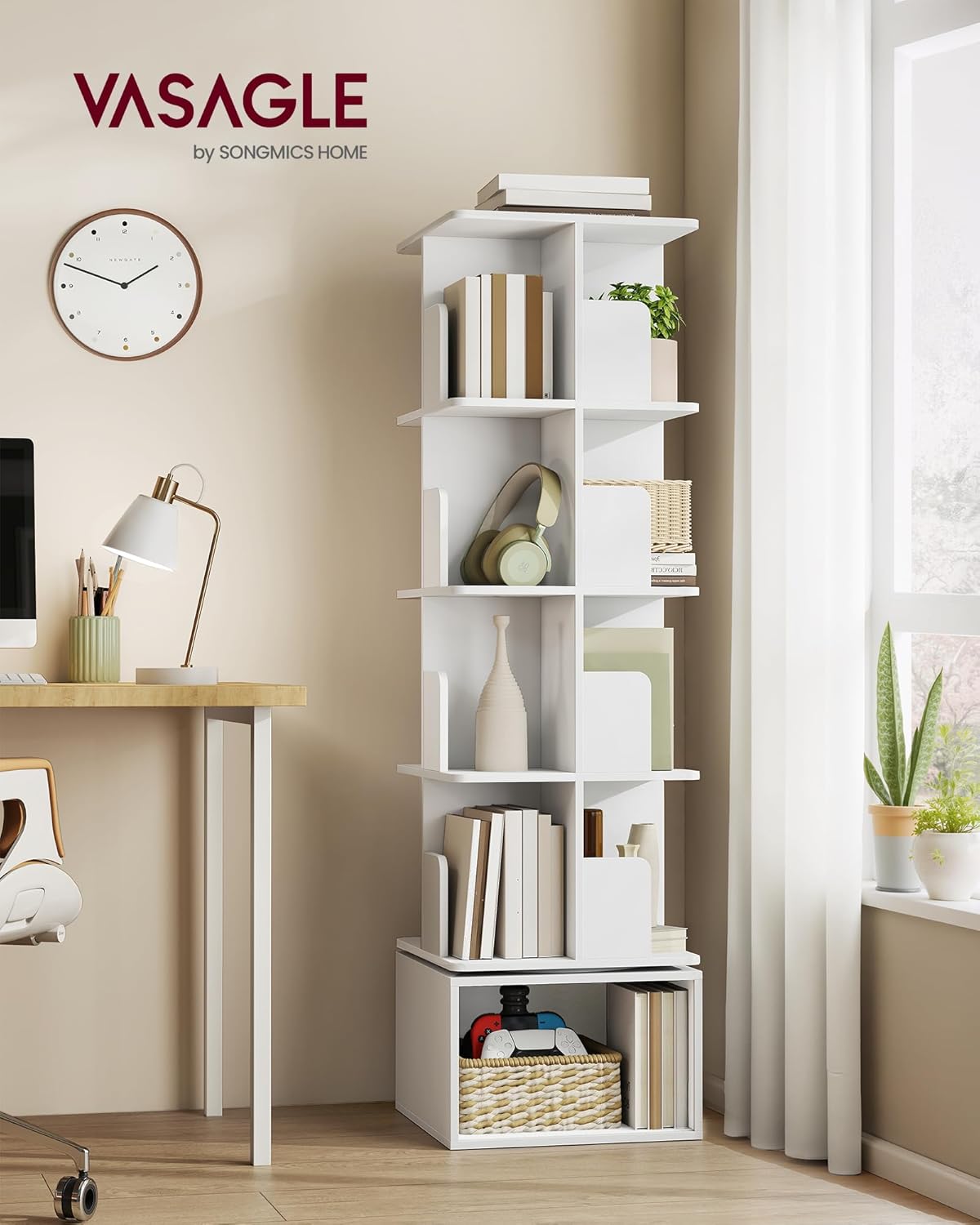 VASAGLE - Custos Collection - 40x40x155,8 cm - bibliothèque pivotante 5 niveaux, rotation 360°, blanc LBC472WB01