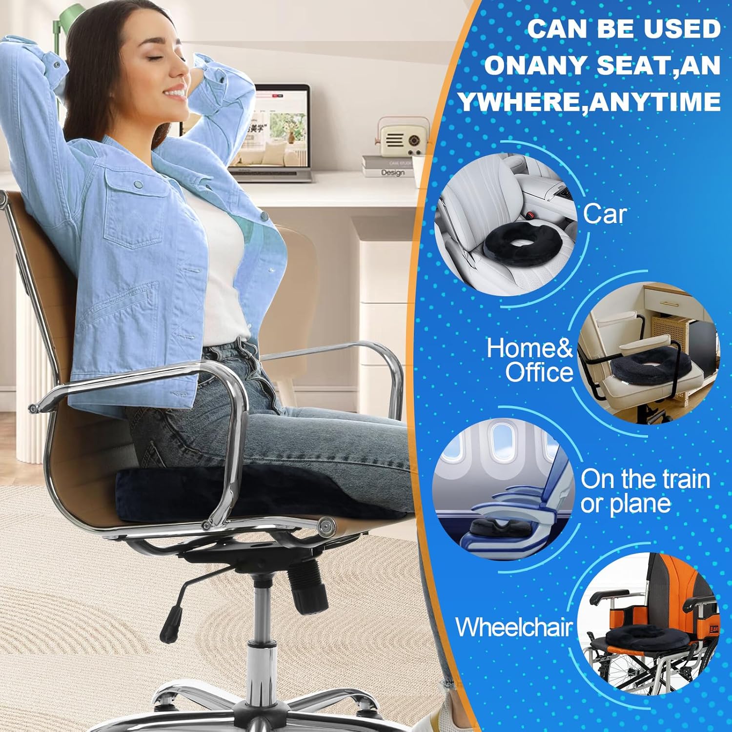 Coussin de siège - mousse mémoire, donut, soulage hémorroïdes, 40x35 cm