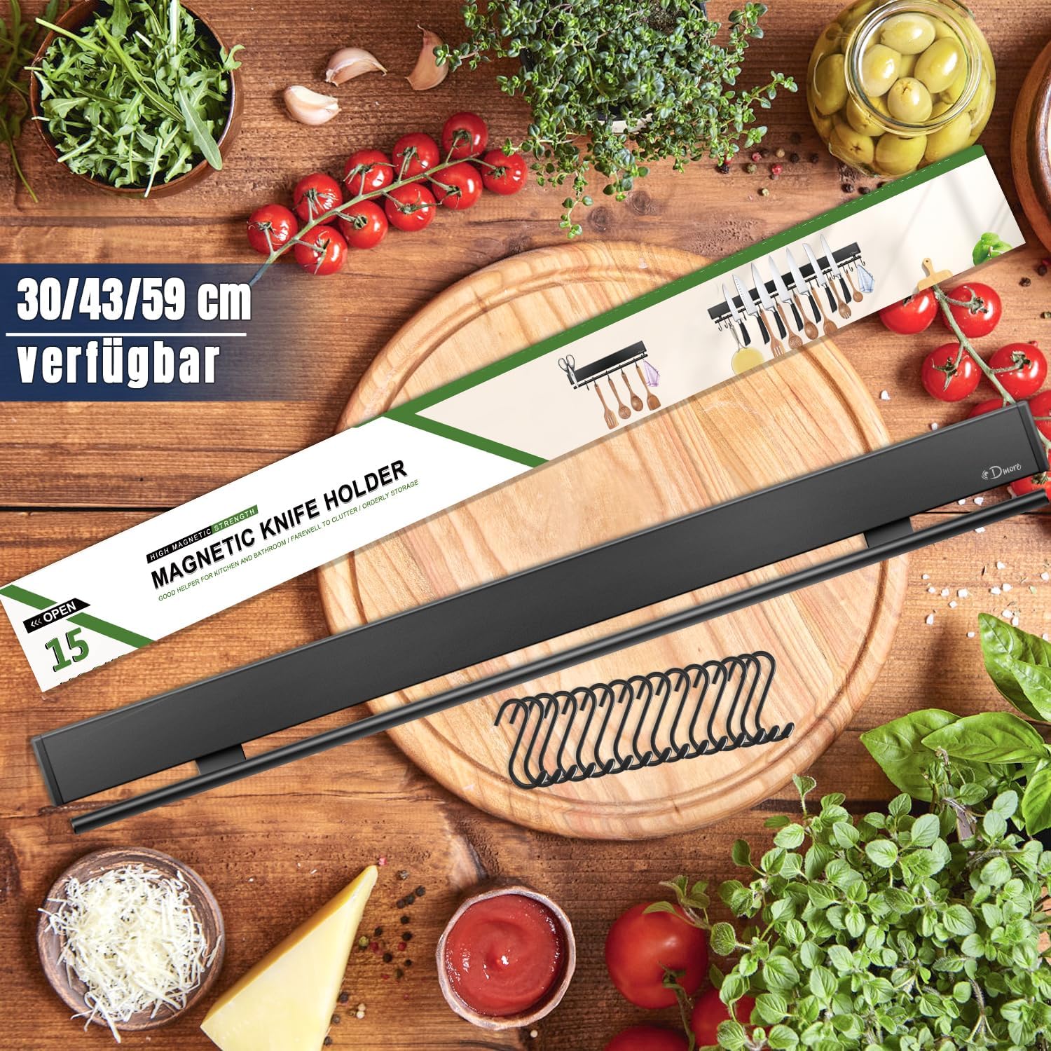 Dmore - barre magnétique 59 cm, 15 crochets, forte fixation, noir