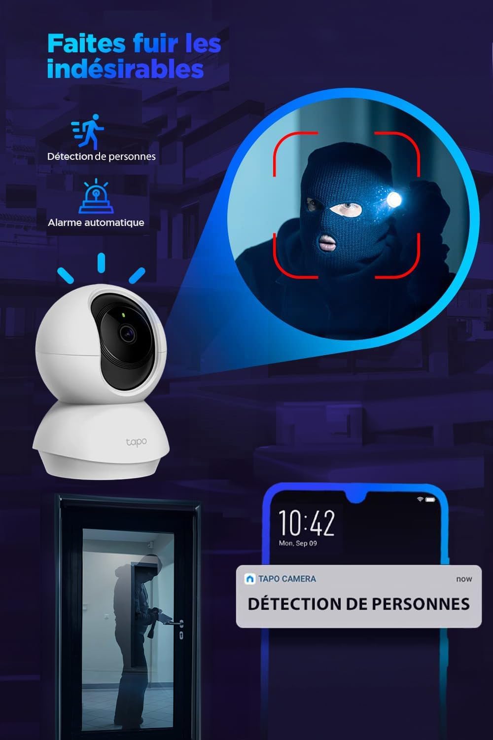 TP-Link - Tapo C210 - caméra WiFi 2K 3MP, rotation 360°, audio bidirectionnel, vision nocturne, détection personne, C210