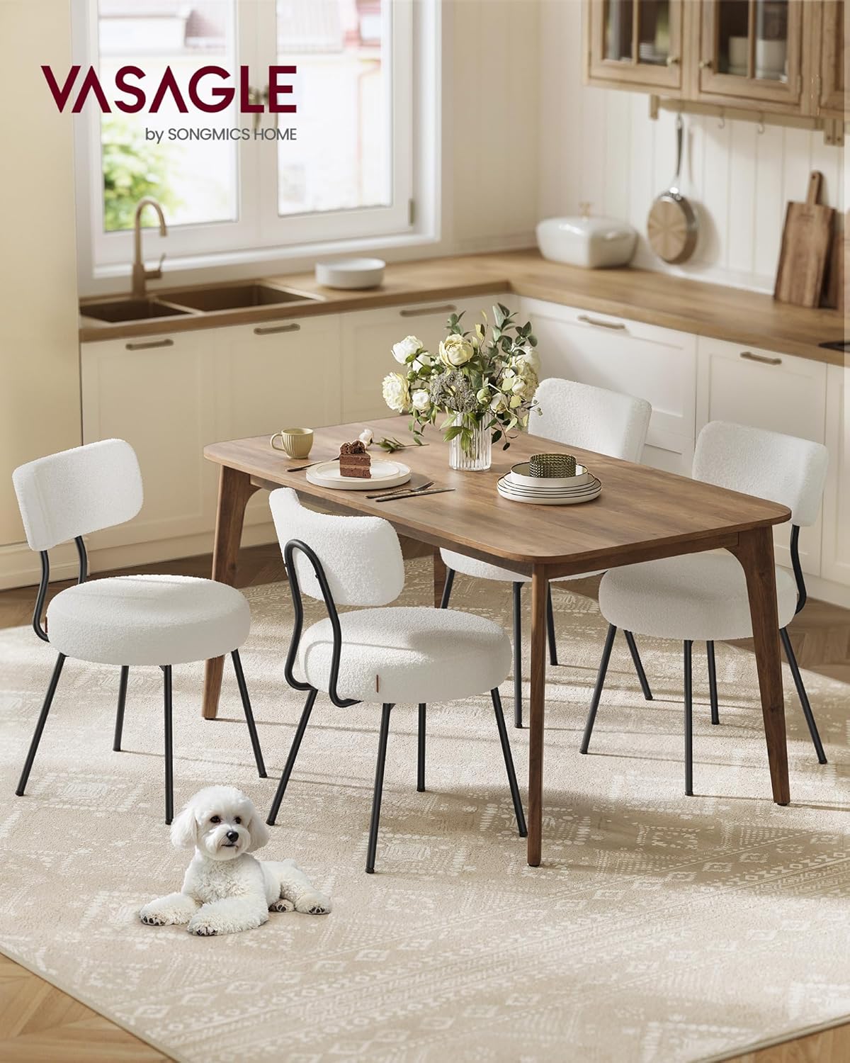 VASAGLE - Lot de 4 chaises modernes - acier, tissu peluche, dossier courbé, salle à manger, blanc crème - KDC110W14