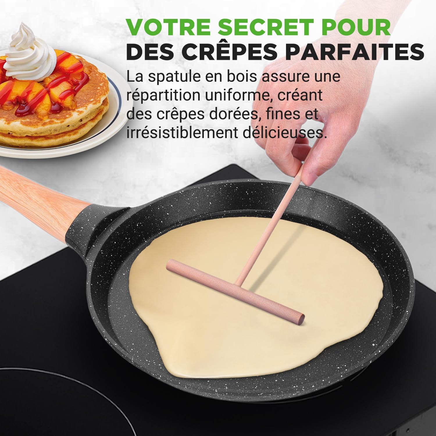 Nutrichef - Poêle à crêpes marbre 24 cm - induction, répartiteur bois, sans PFOA, lave-vaisselle