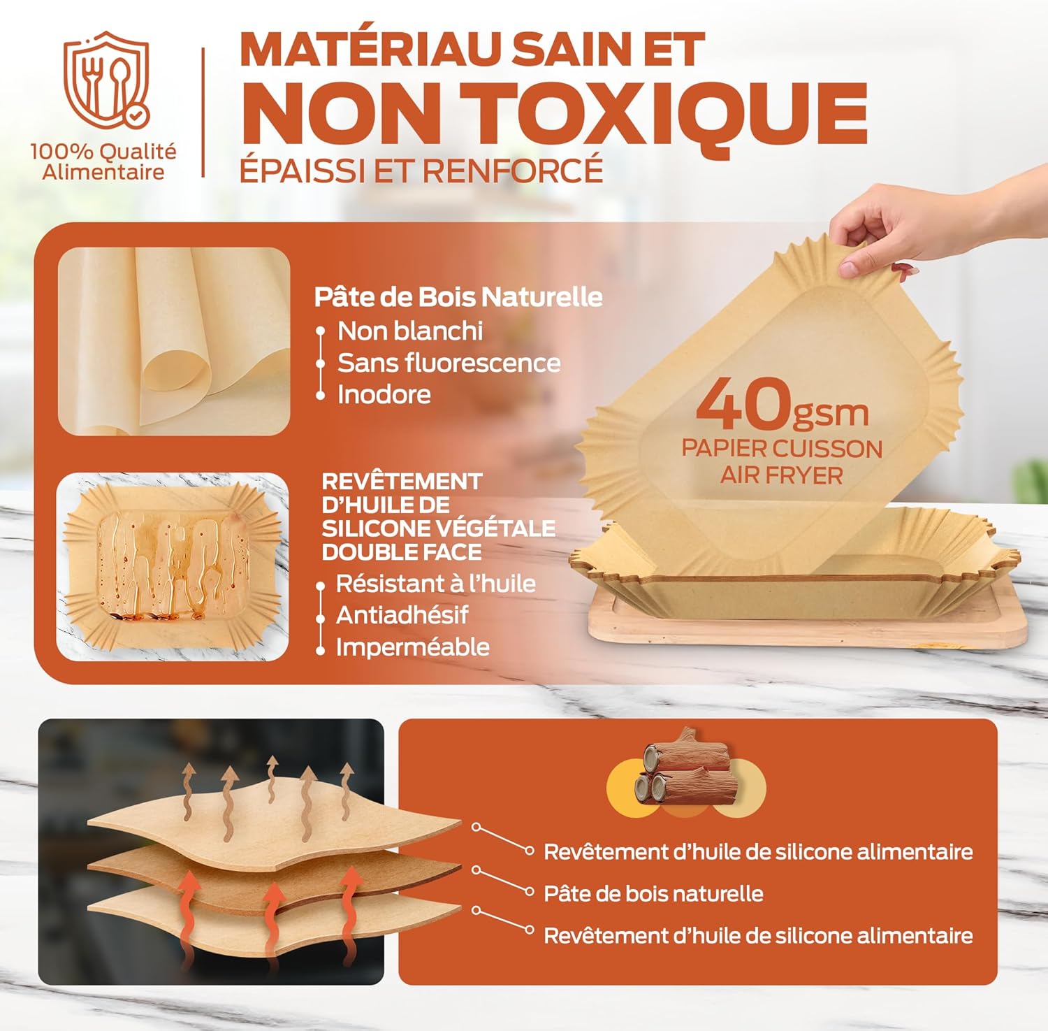 PORTENTUM - papier cuisson friteuse double - 22x14cm - 100 pièces, sans BPA, rectangulaire, compatible Ninja Foodi Dual 