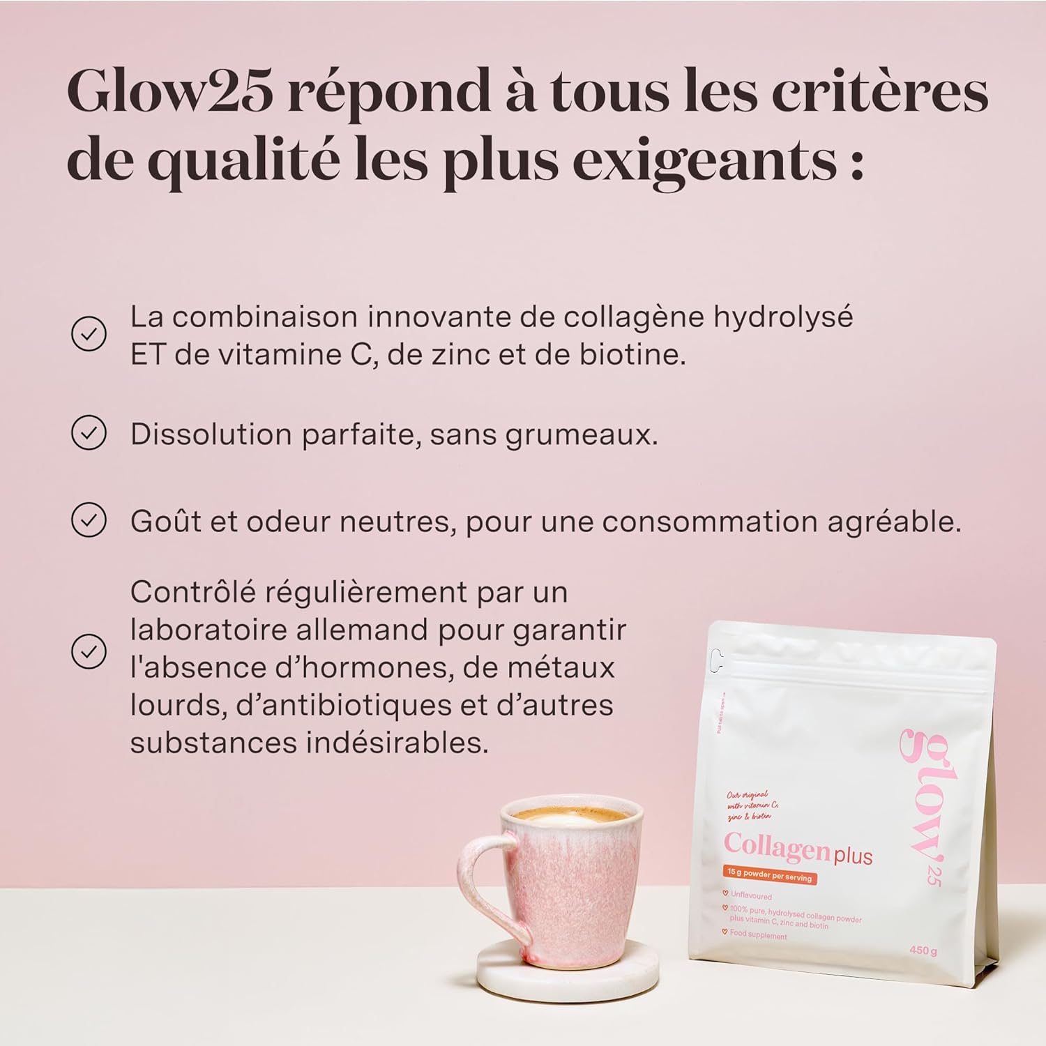 Glow25 - Collagène Plus 450g - peptides type 1 et 3, vitamine C, zinc