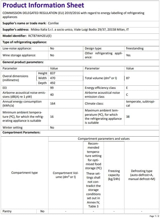 COMFEE' - réfrigérateur sous plan 87L - étagères amovibles, porte réversible, éclairage, thermostat réglable - RCT87WH2(