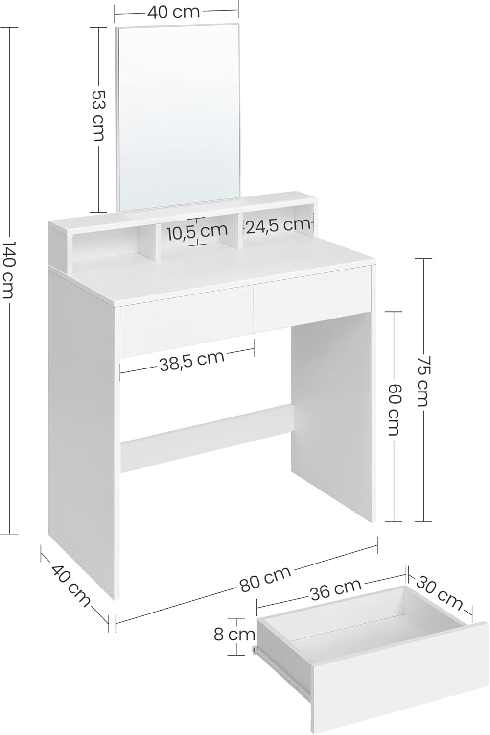 VASAGLE - Kailyn Collection - 40x80x140 cm - coiffeuse moderne, 2 tiroirs, miroir, blanc, RDT113W01