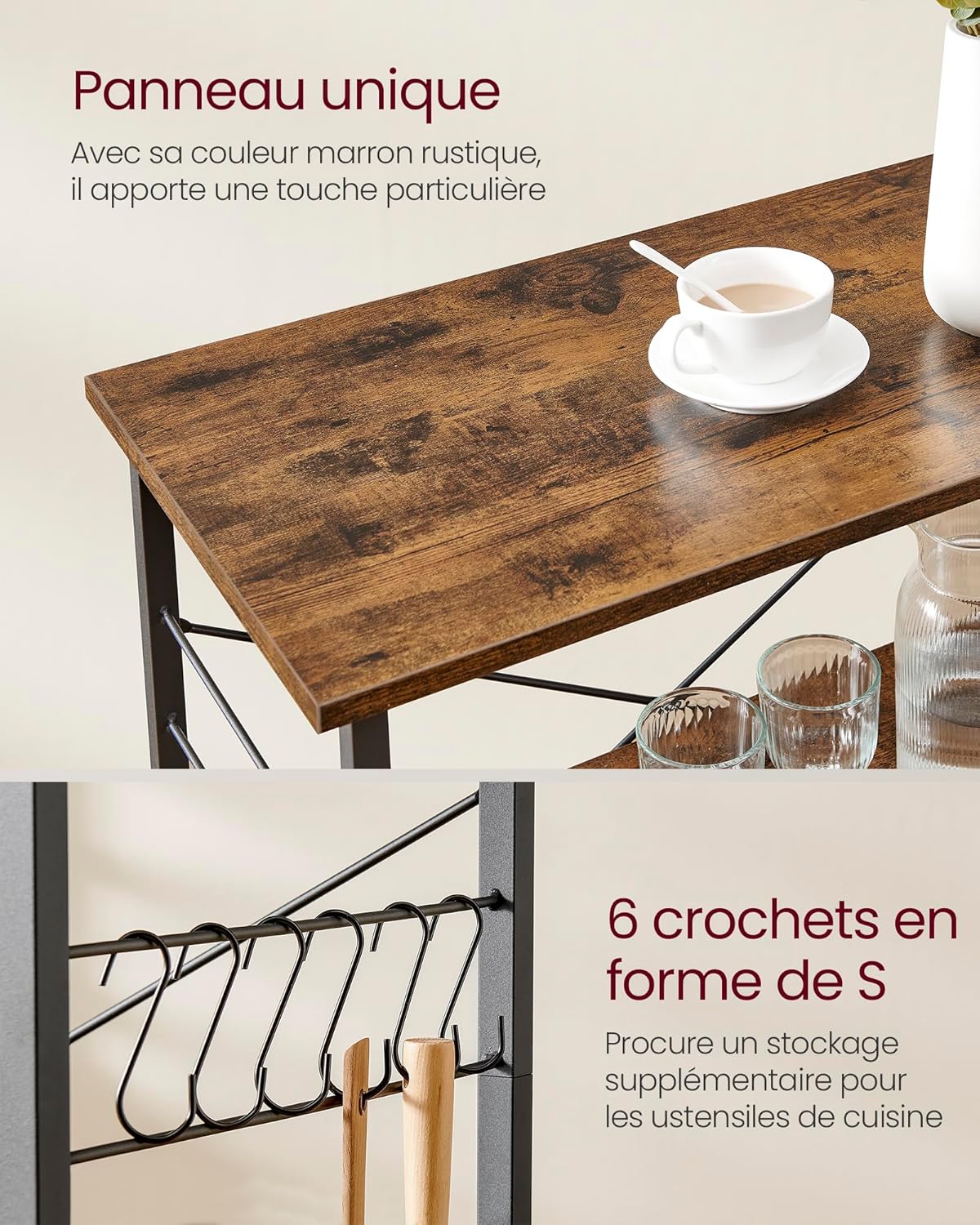 VASAGLE - Chariot cuisine 3 niveaux 40x80x89cm, 6 crochets, KKS067K01