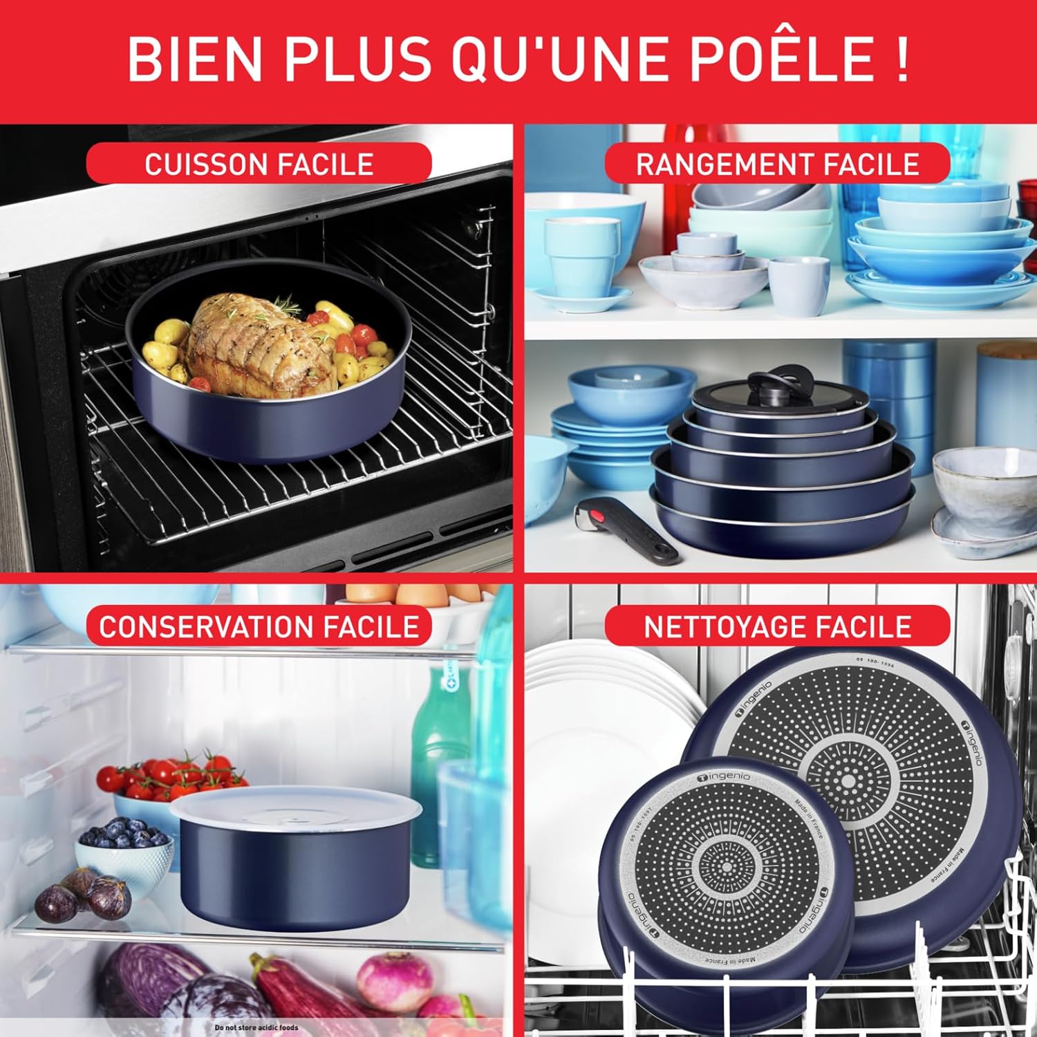Tefal - Ingenio Easy Cook N Clean - 3 poêles 22/24/26 cm, poignée amovible, antiadhésif, sans induction, L1579002