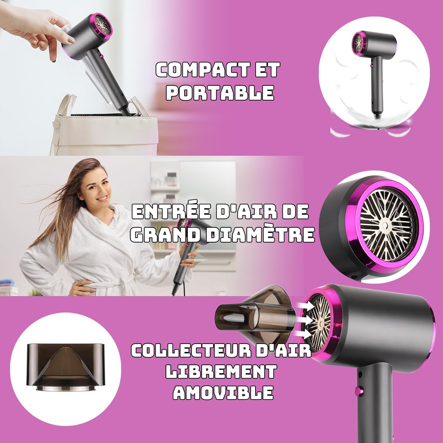 Sèche-cheveux professionnel ionique, 1250W, 3 vitesses, séchage rapide