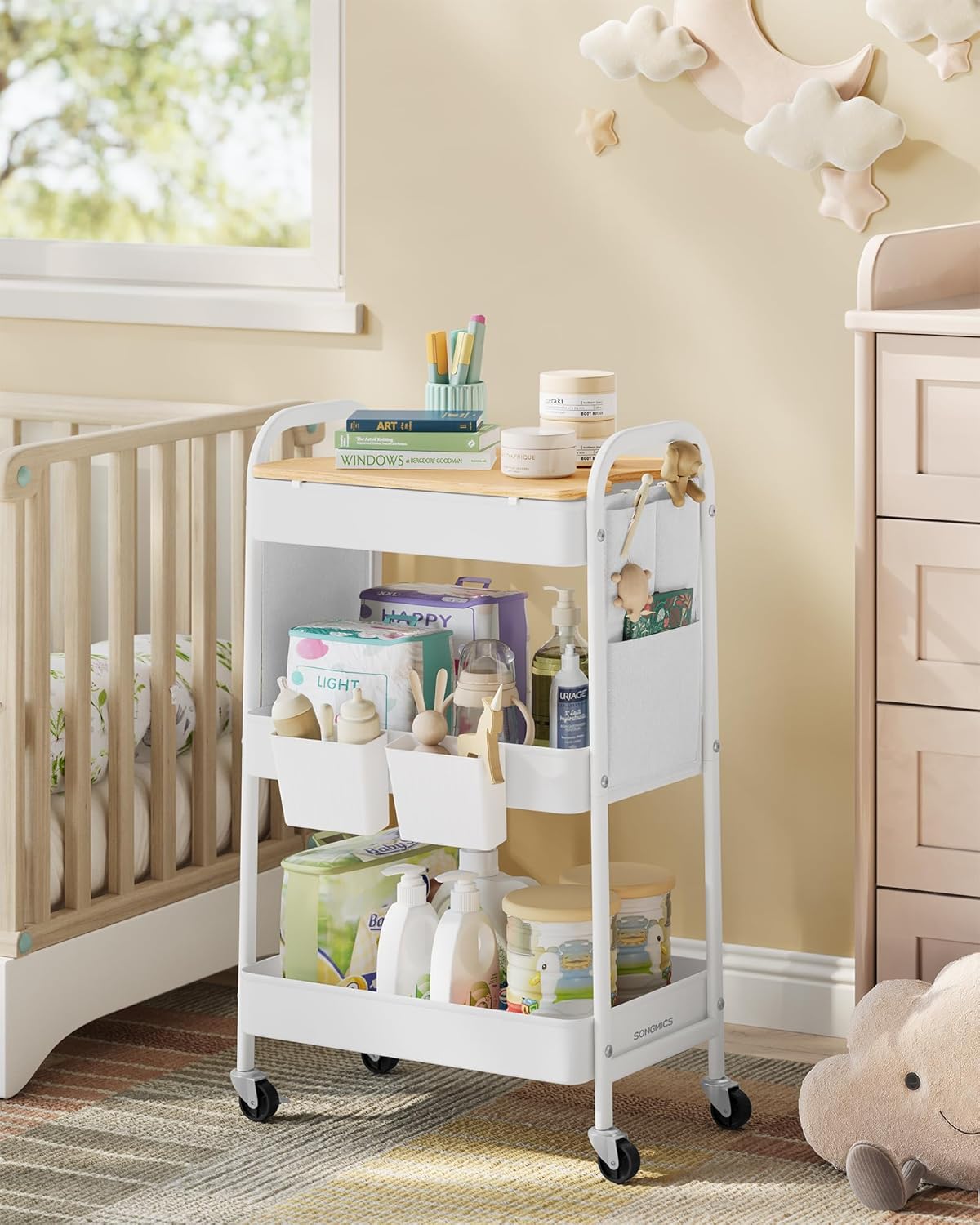 SONGMICS - Chariot de rangement 3 niveaux, blanc, avec table, pots et poches - LRC036W01
